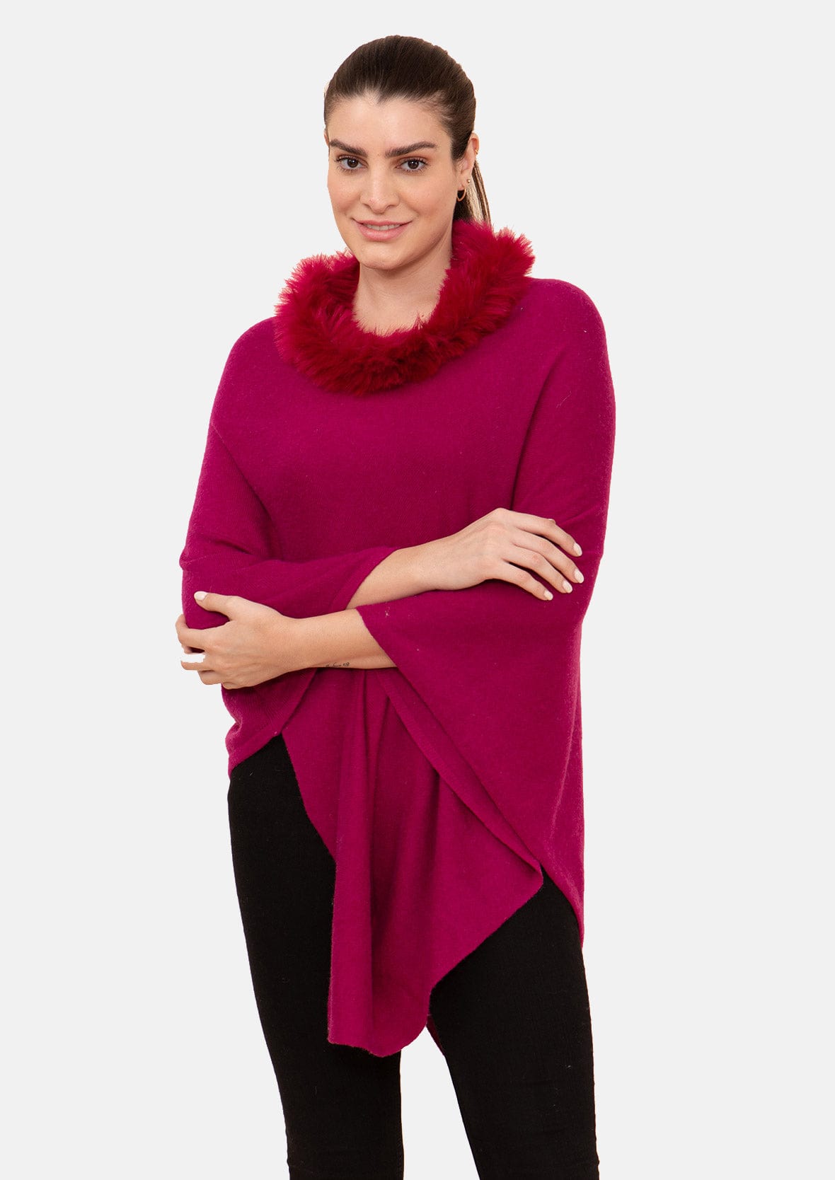 luxurious Cashmere pashmina wool magenta poncho with faux fur trim #color_Magenta Wool