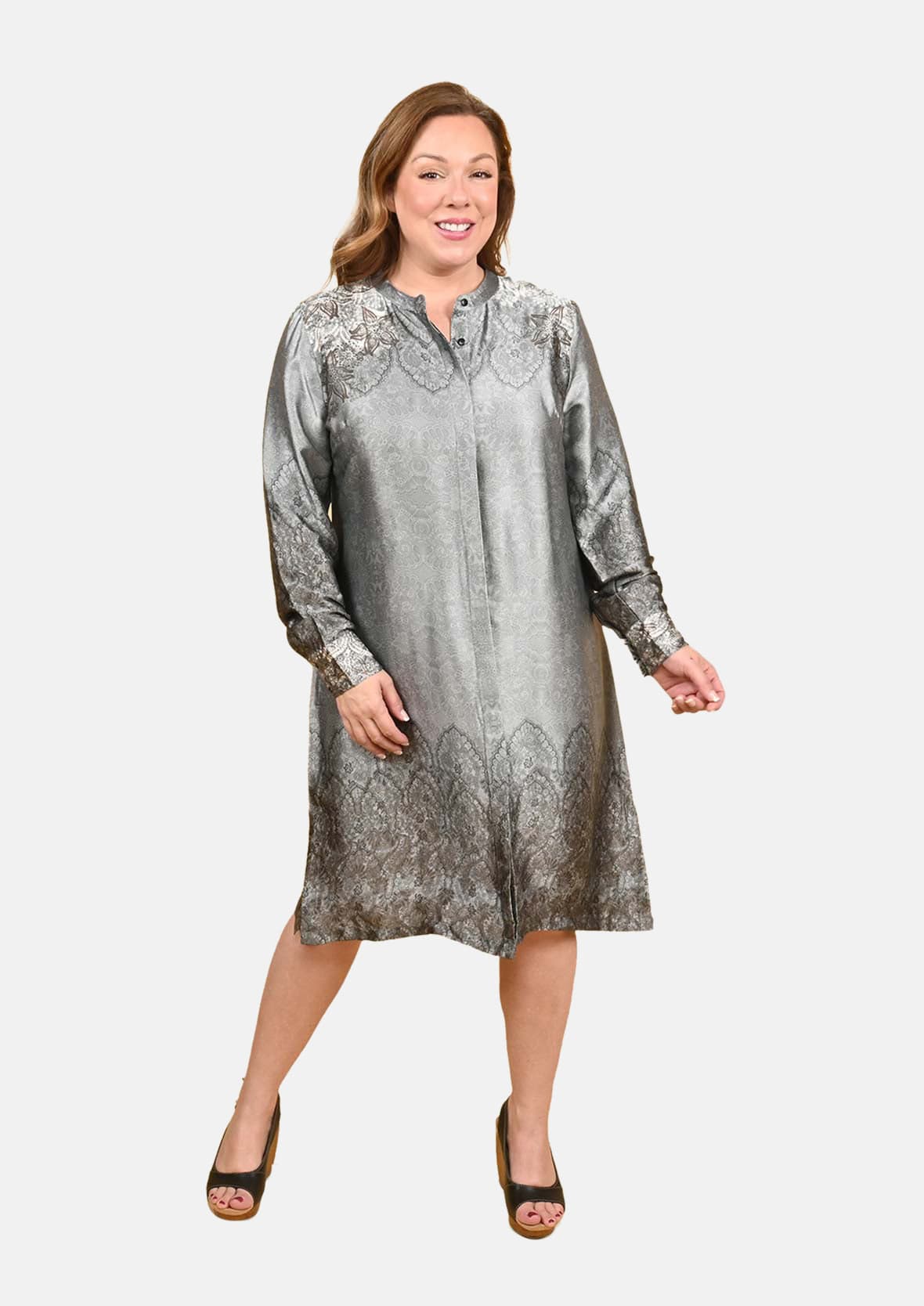 long sleeved printed smoke midi dress #color_Smoke Shiny Gray