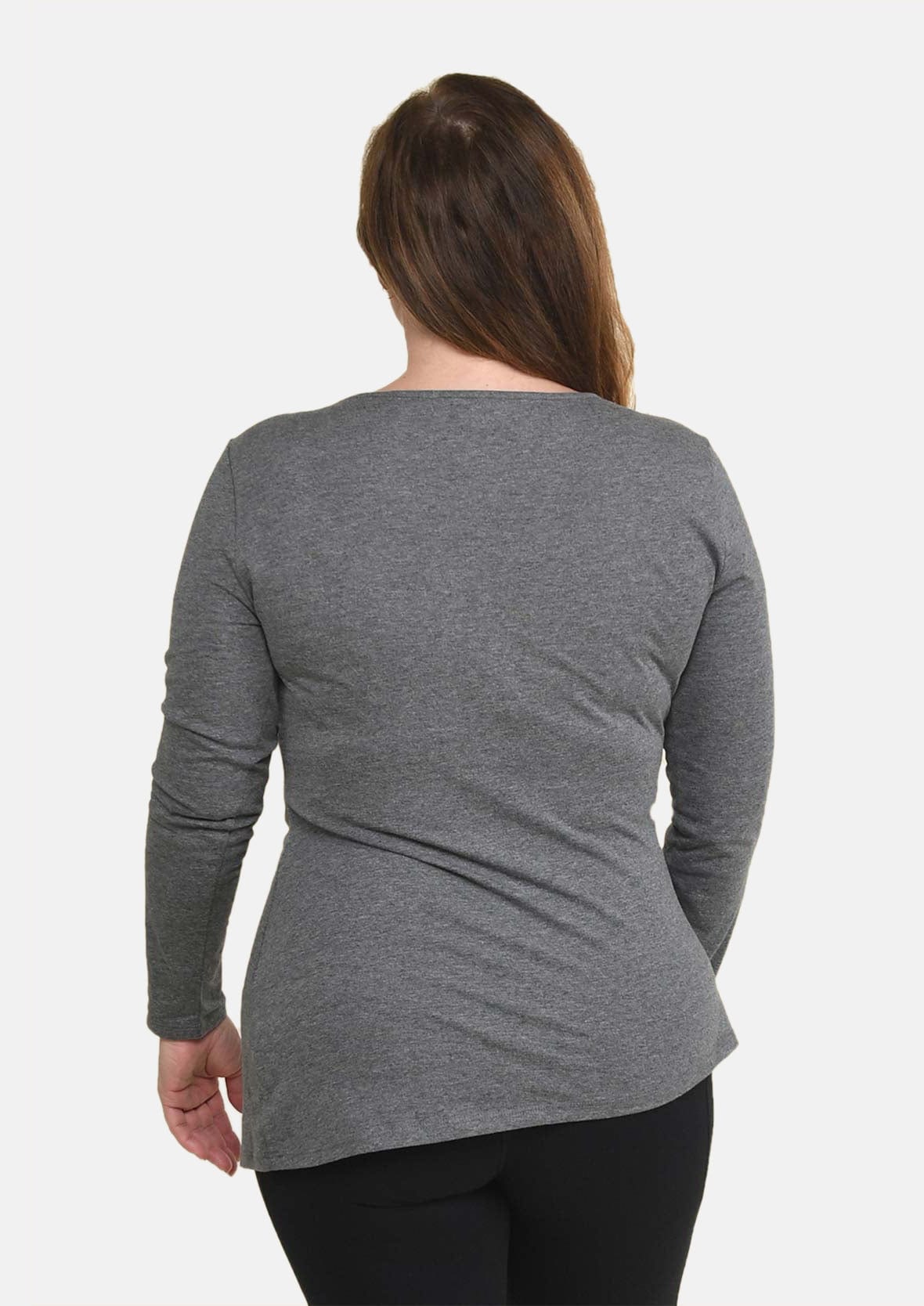 back side of long sleeve drape gray top #color_Charcoal Gray