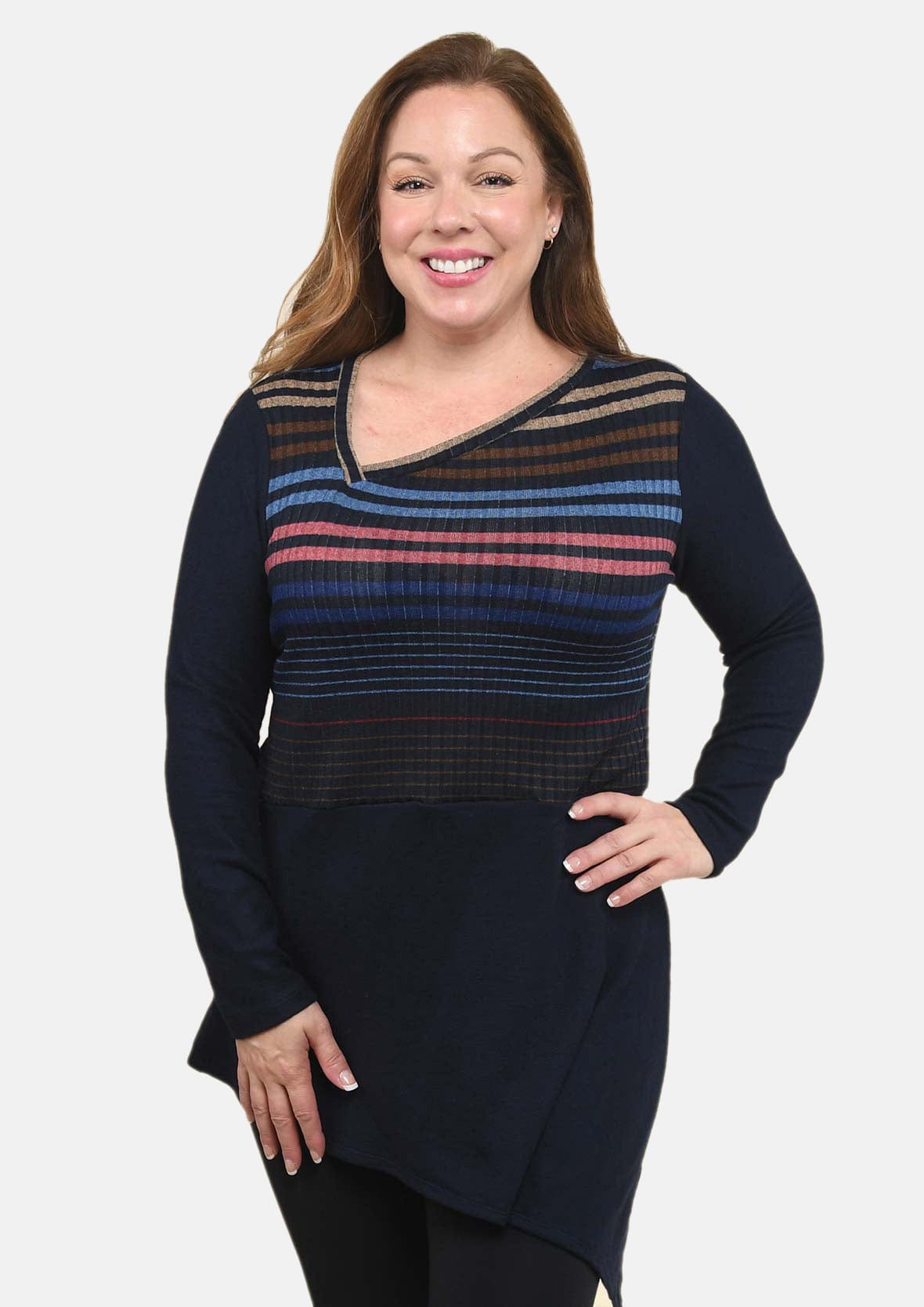 multicolor striped asymmetrical navy sweater #color_Navy Multicolor Striped