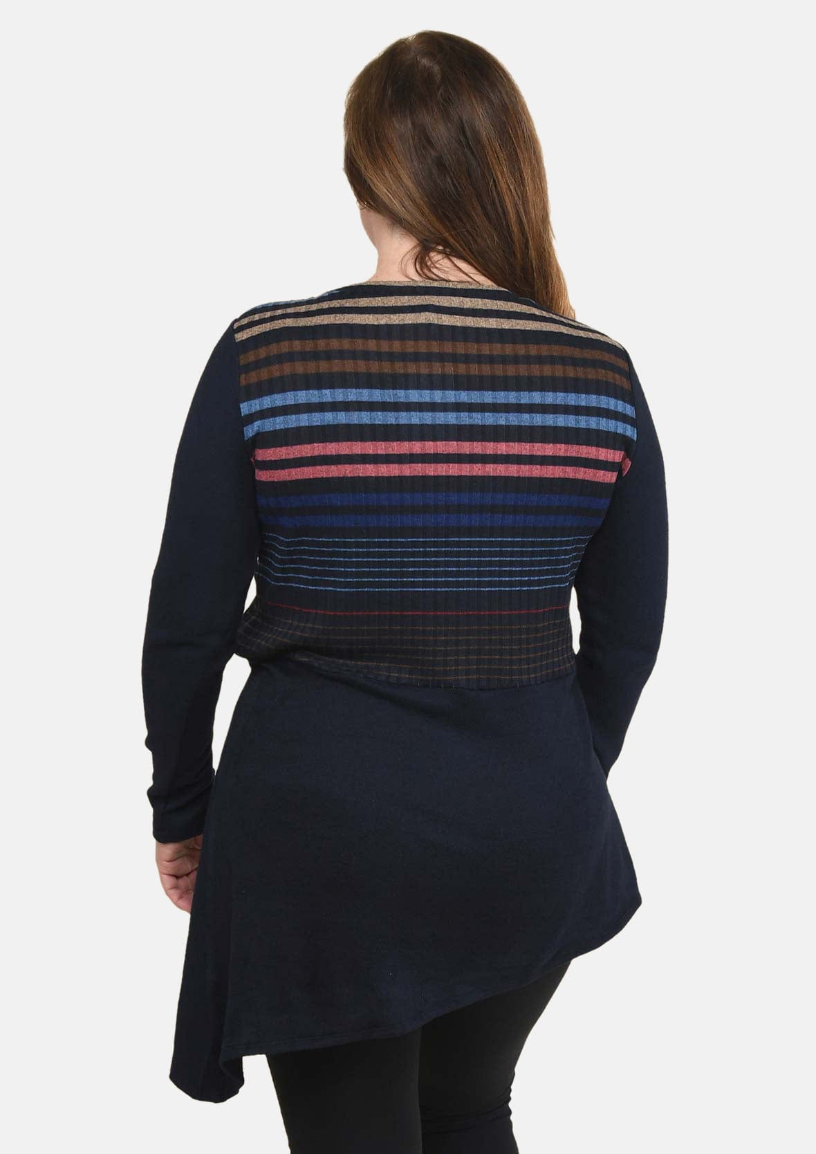 back side of multicolor striped asymmetrical navy sweater #color_Navy Multicolor Striped