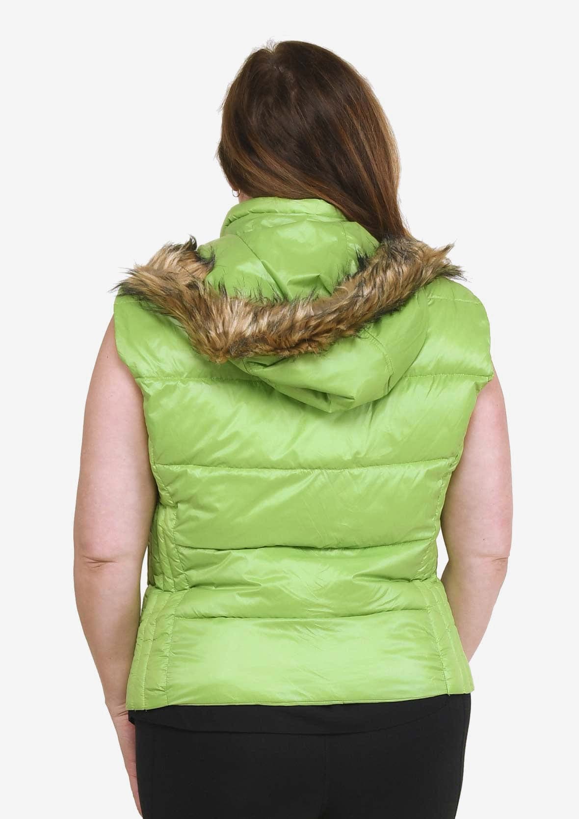 back side of faux fur hooded puffer green vest #color_Lima Green