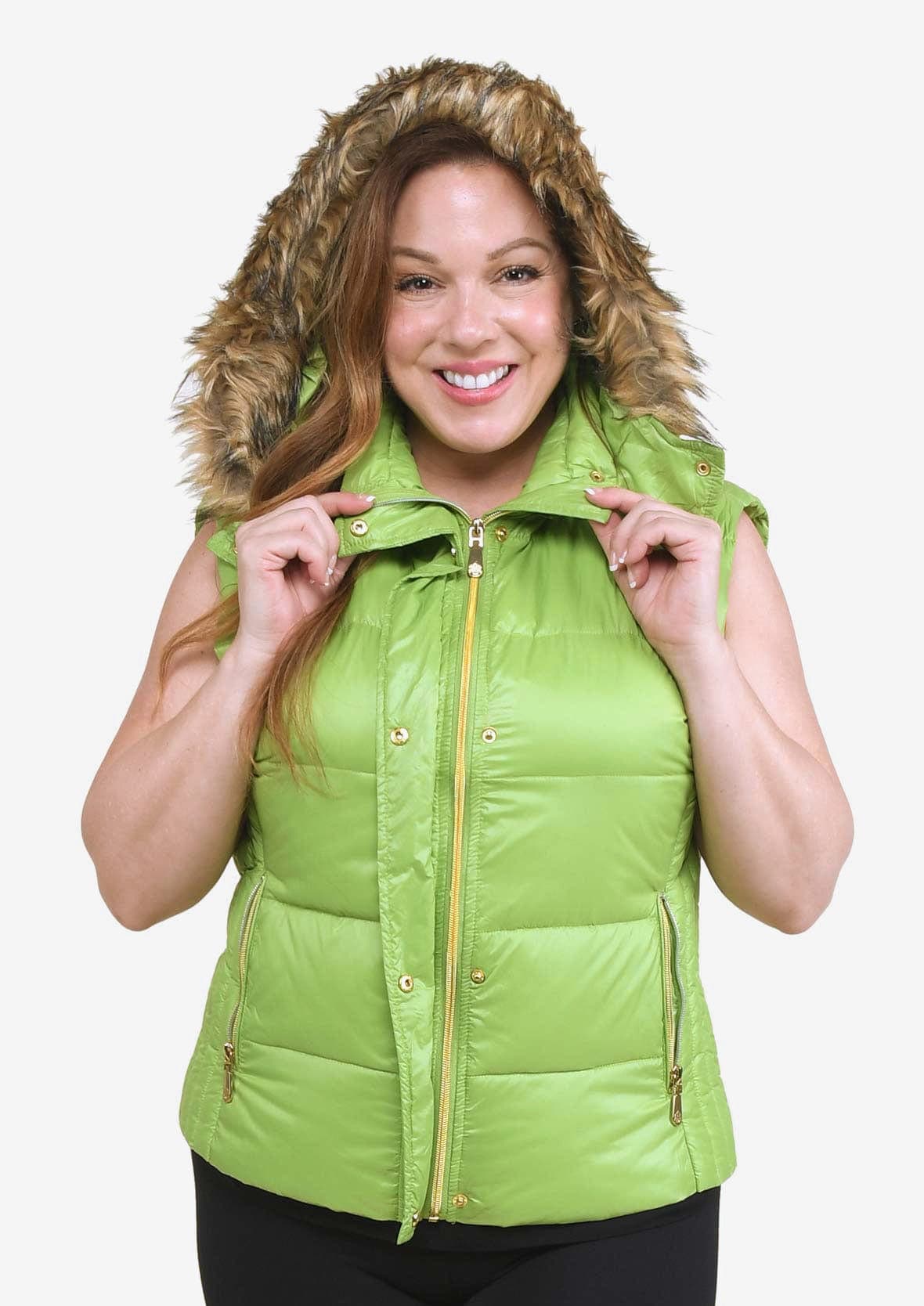 faux fur hooded puffer green vest #color_Lima Green