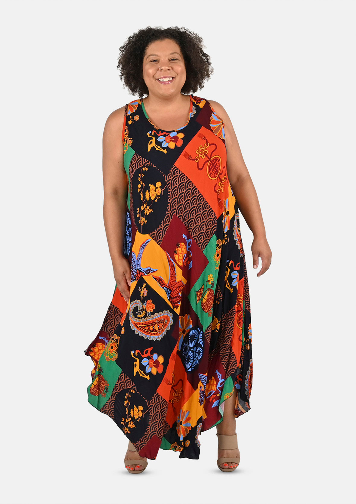 sleeveless maxi multicolor umbrella dress #color_Multicolour Abstract
