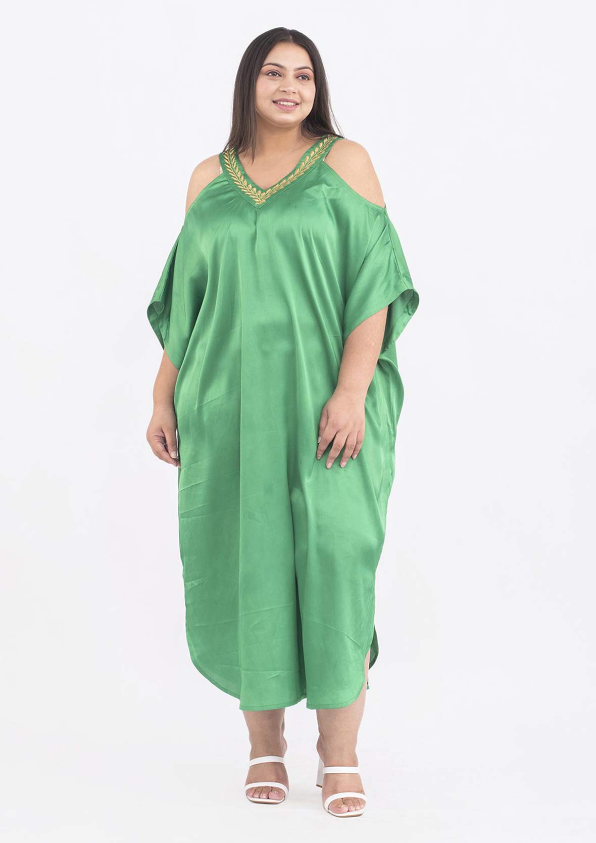 embroidered neck cold shoulder jade green kaftan #color_Jade Green