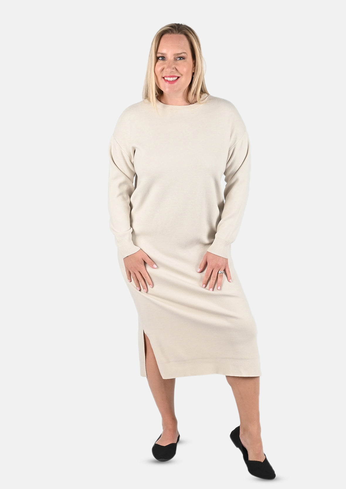 crew neck knit ivory sweater dress #color_Ivory