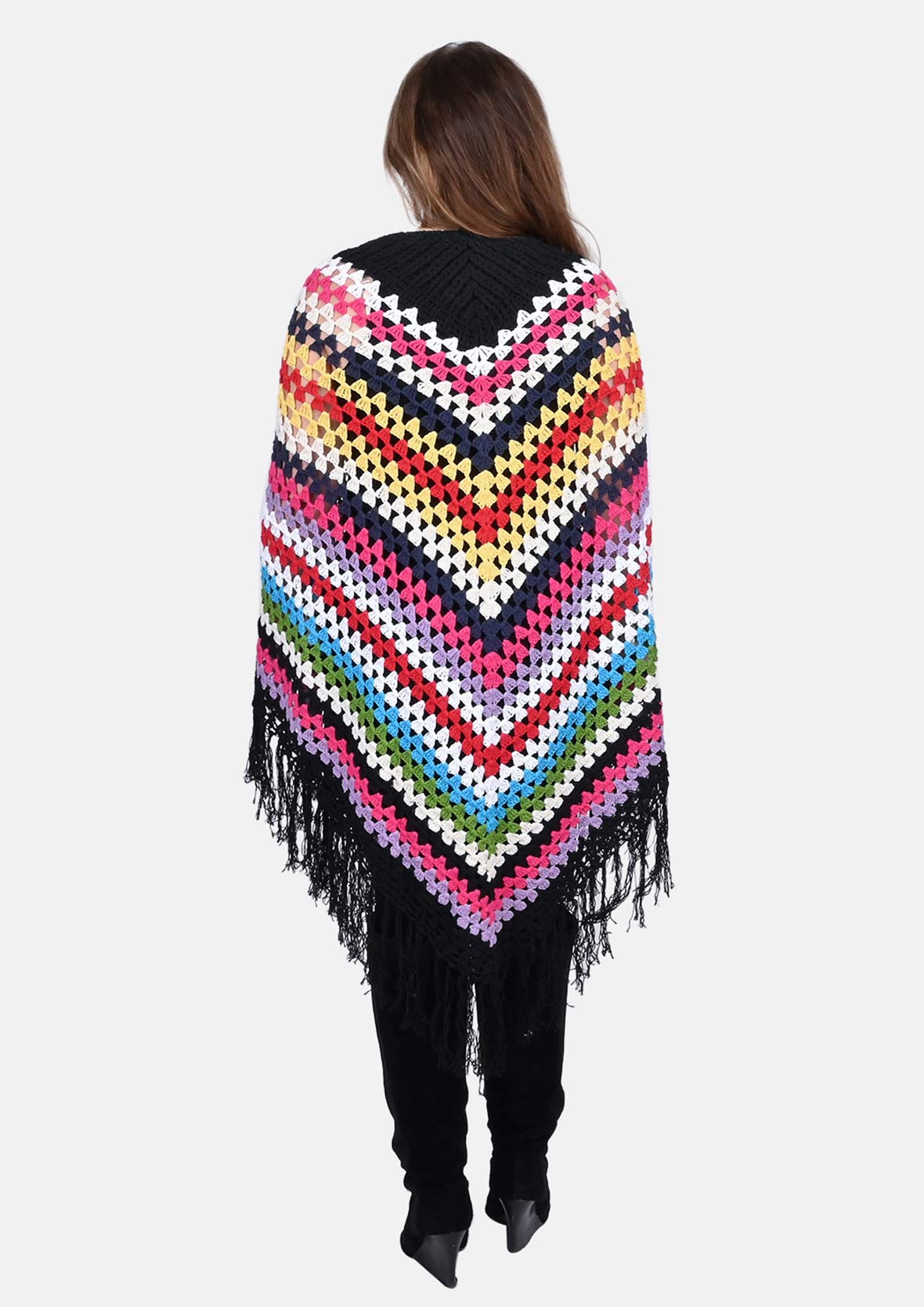back side of multicolor hand crochet black poncho #color_Black & Multi Color