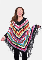 multicolor hand crochet black poncho #color_Black & Multi Color