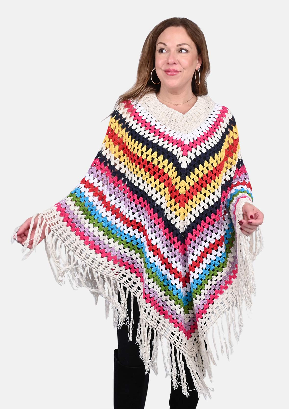 multicolor hand crochet white poncho #color_White & Multi Color