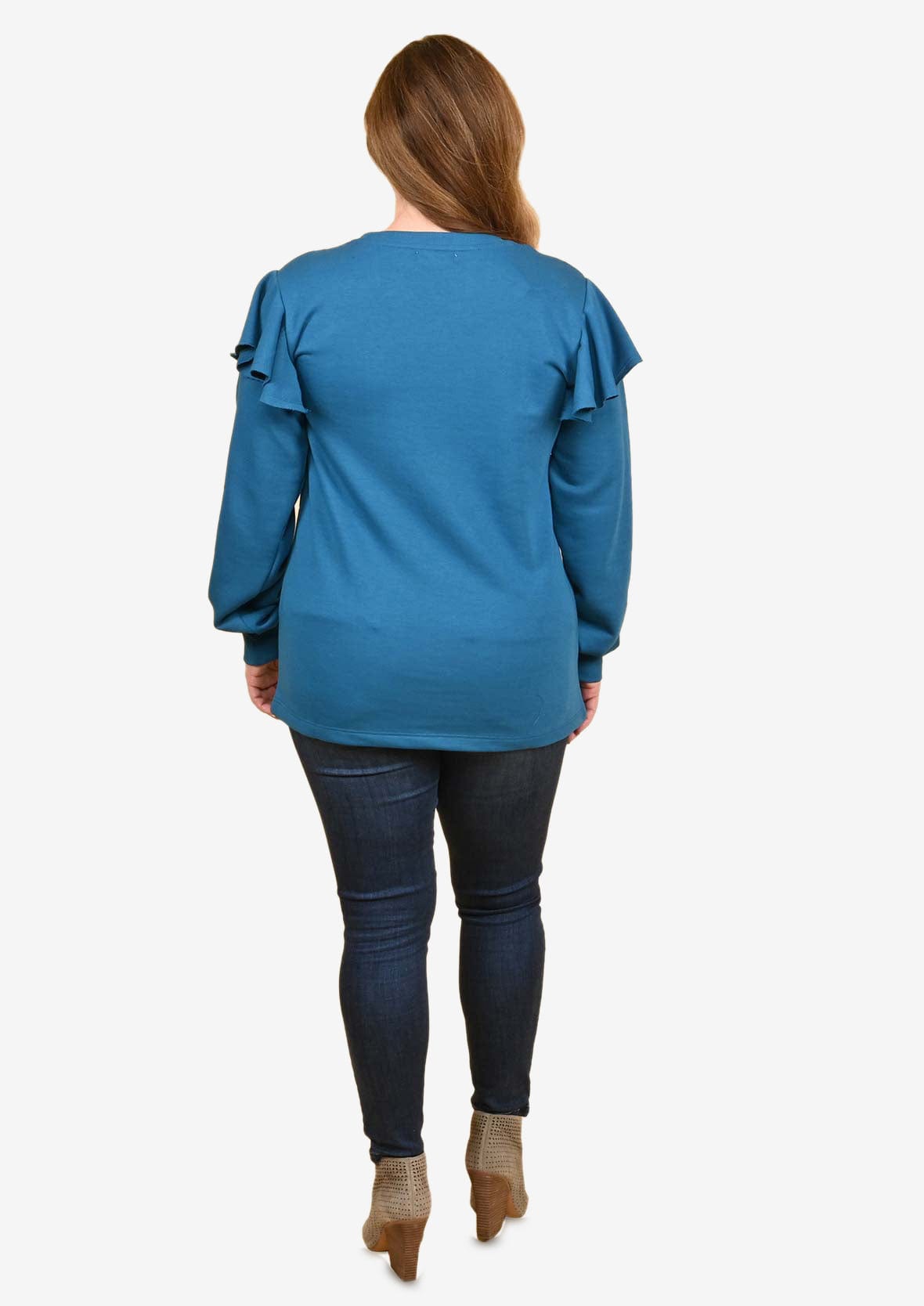 back side of long sleeve ruffle blue sweater #color_Light Teal Blue