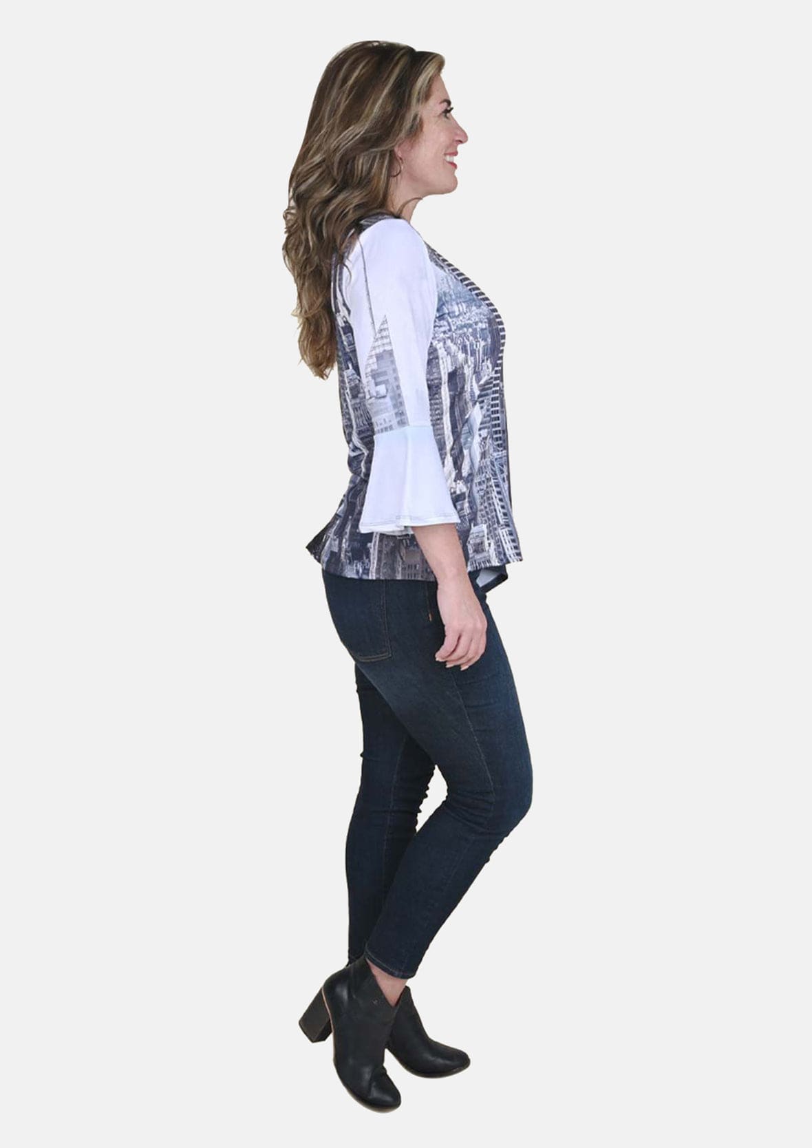 Neutral Cityscape Bell-Sleeve Top