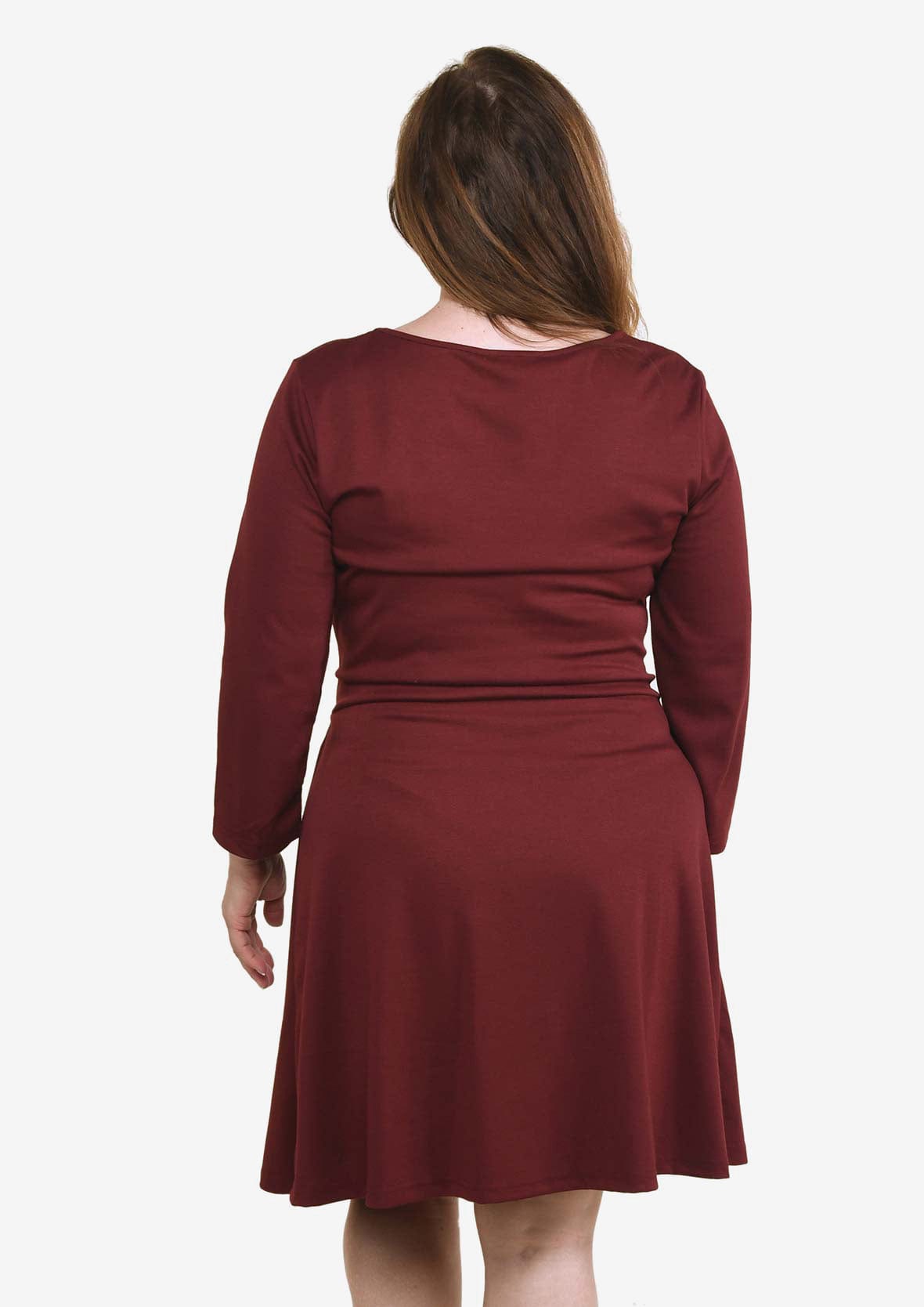 back side of boat neck burgundy dress with front waist tie #color_Dark Burgundy