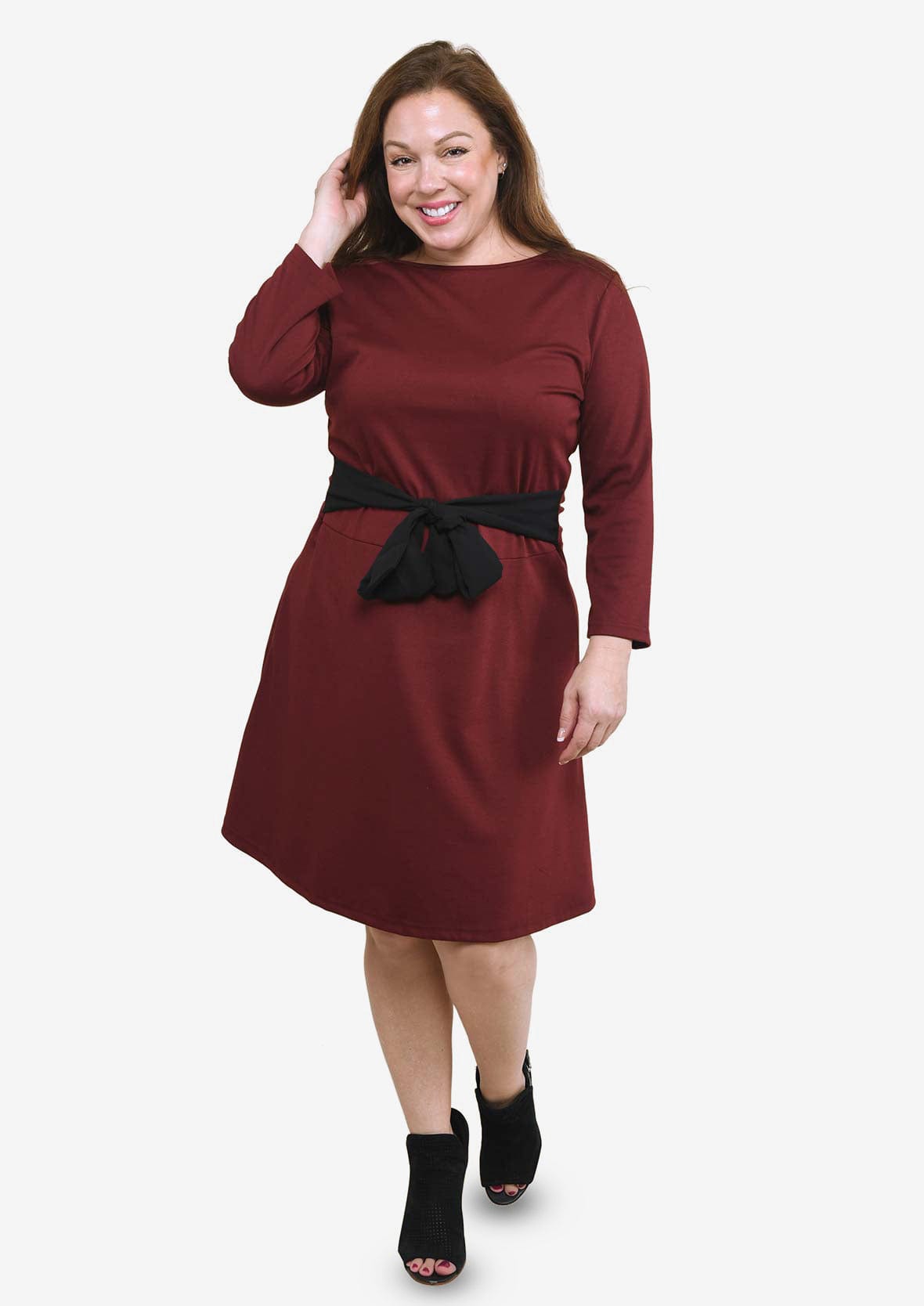 boat neck burgundy dress with front waist tie #color_Dark Burgundy