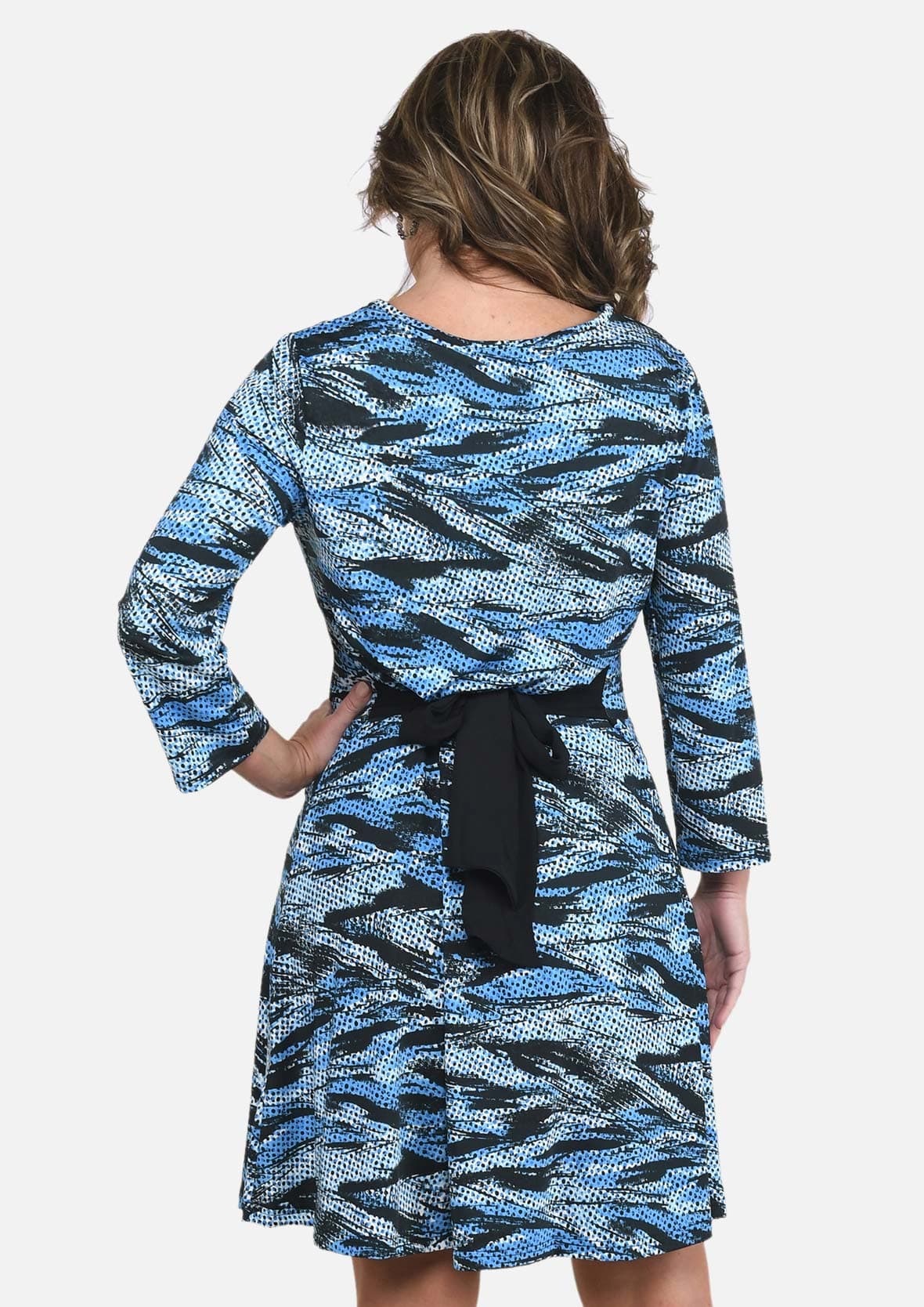 back side of abstract print navy dress with back tie #color_Navy Black White