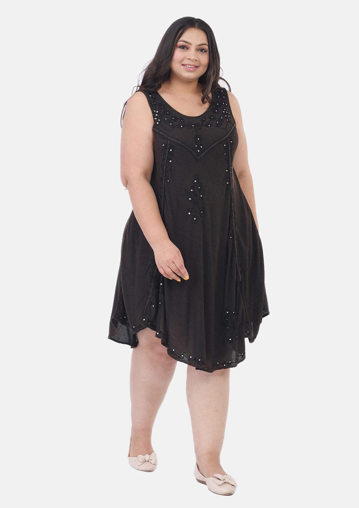front look of sequin black umbrella dress with pockets #color_Black