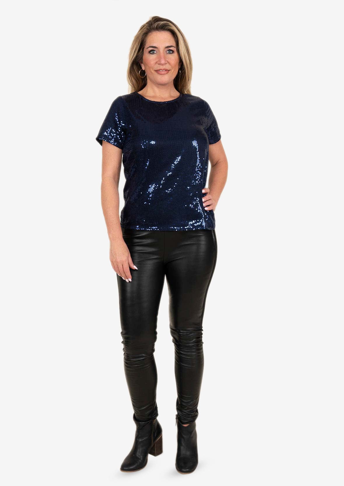 lady wearing sequin classic crew neck navy blue top #color_Navy Blue Sequin