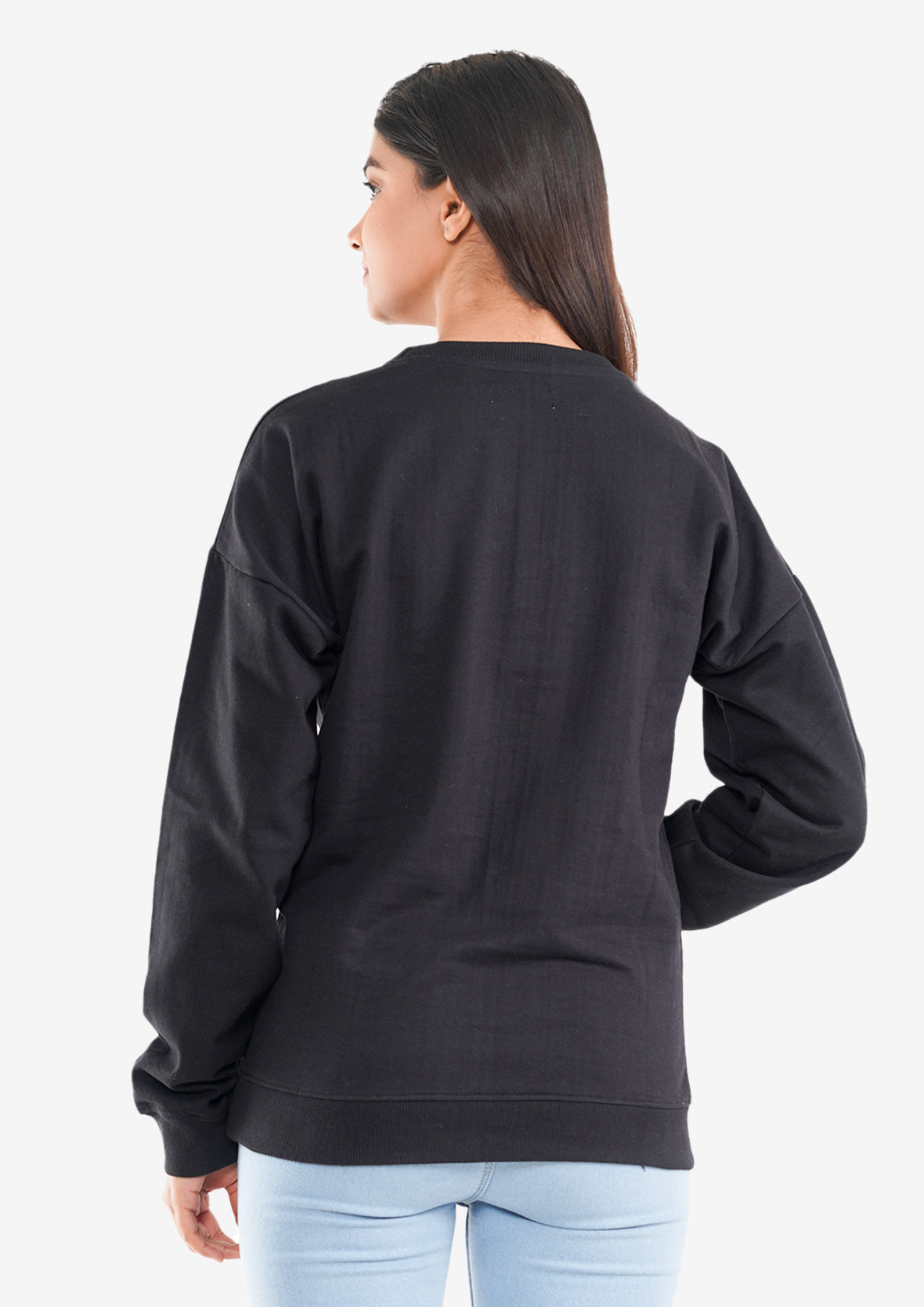 back side of cotton fleece knit black sweatshirt #color_Black