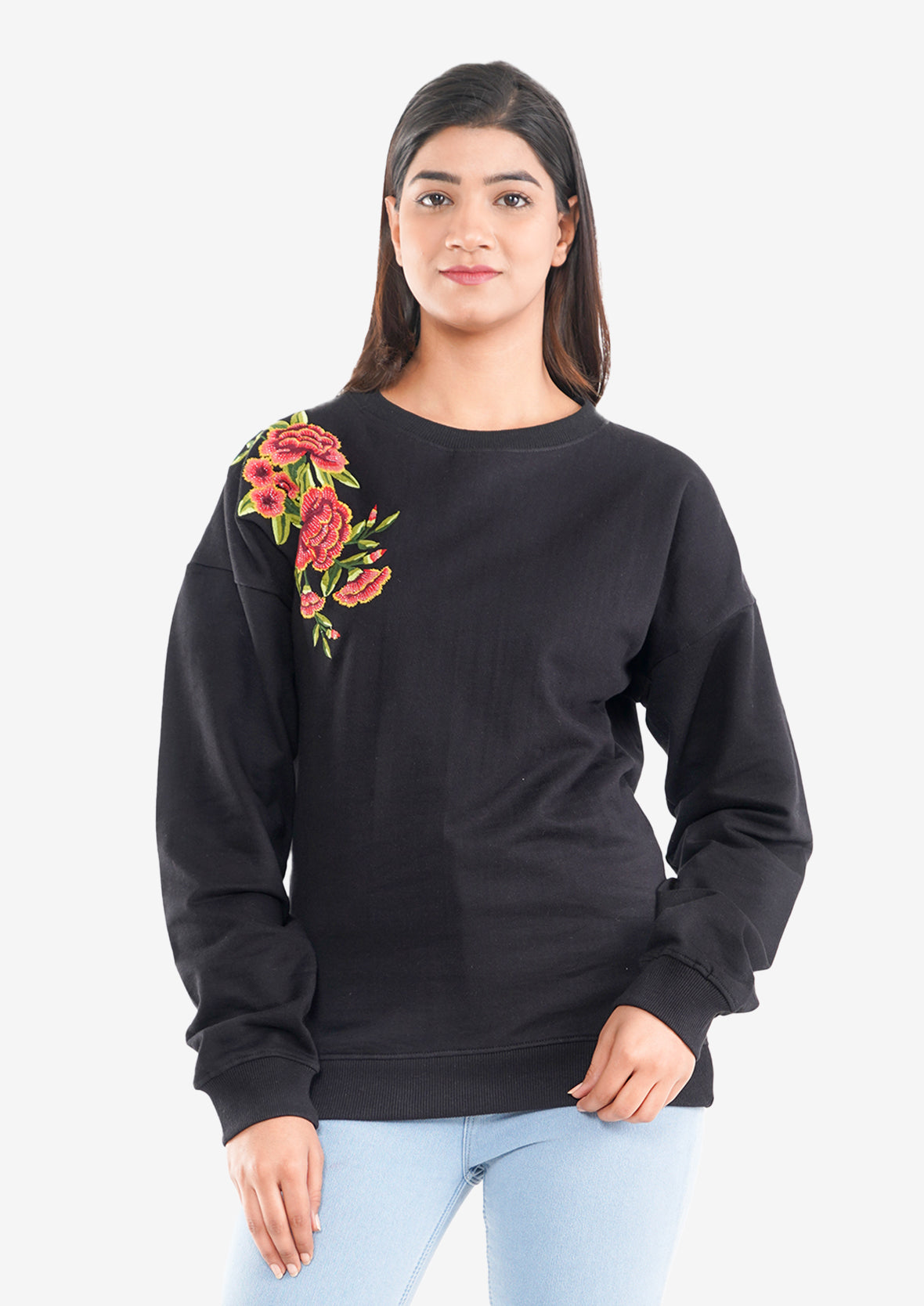 cotton fleece knit black sweatshirt #color_Black