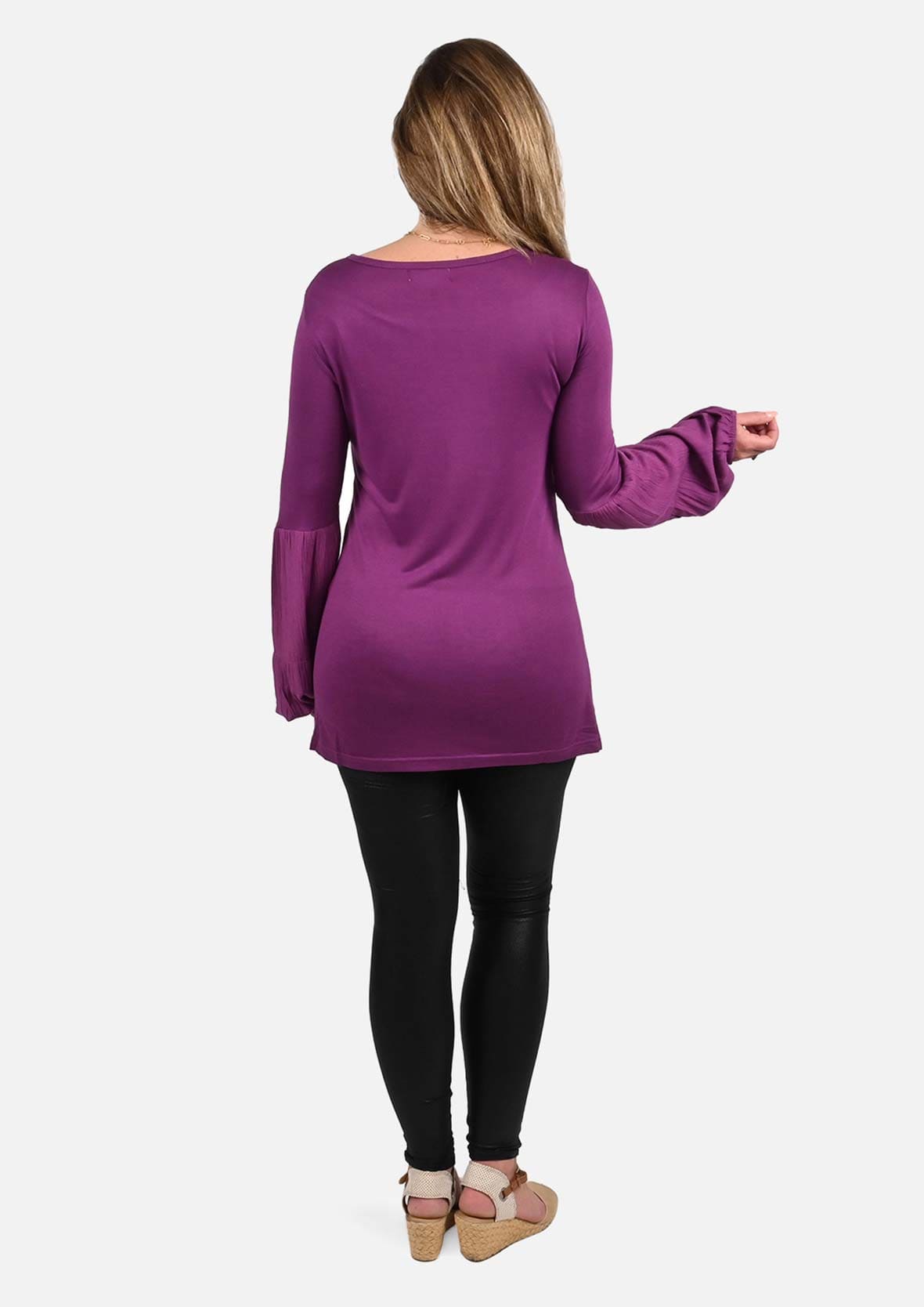 back side of trimmed blouson sleeve tunic purple top #color_Plum purple