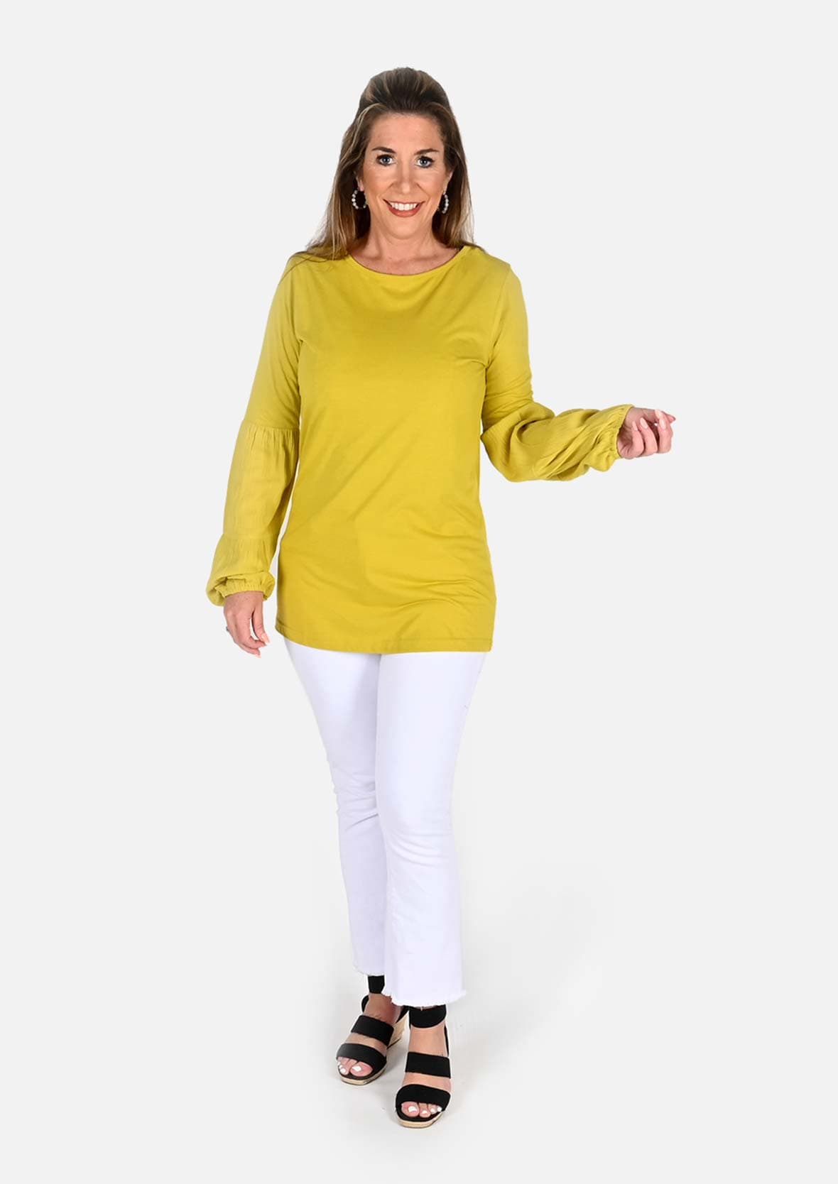 lady wearing trimmed blouson sleeve tunic mustard top #color_Mustard 