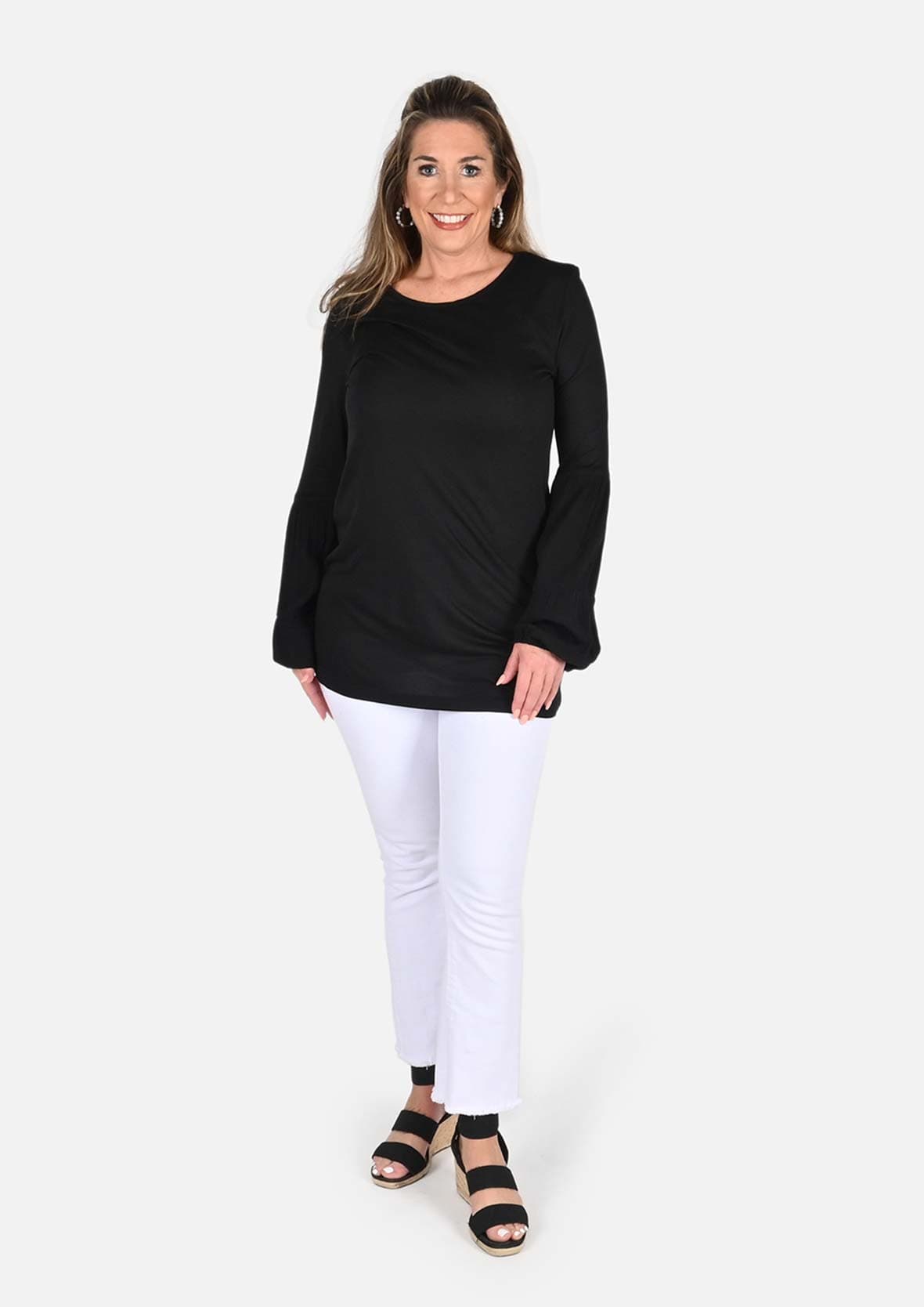 lady wearing trimmed blouson sleeve tunic black top #color_Black