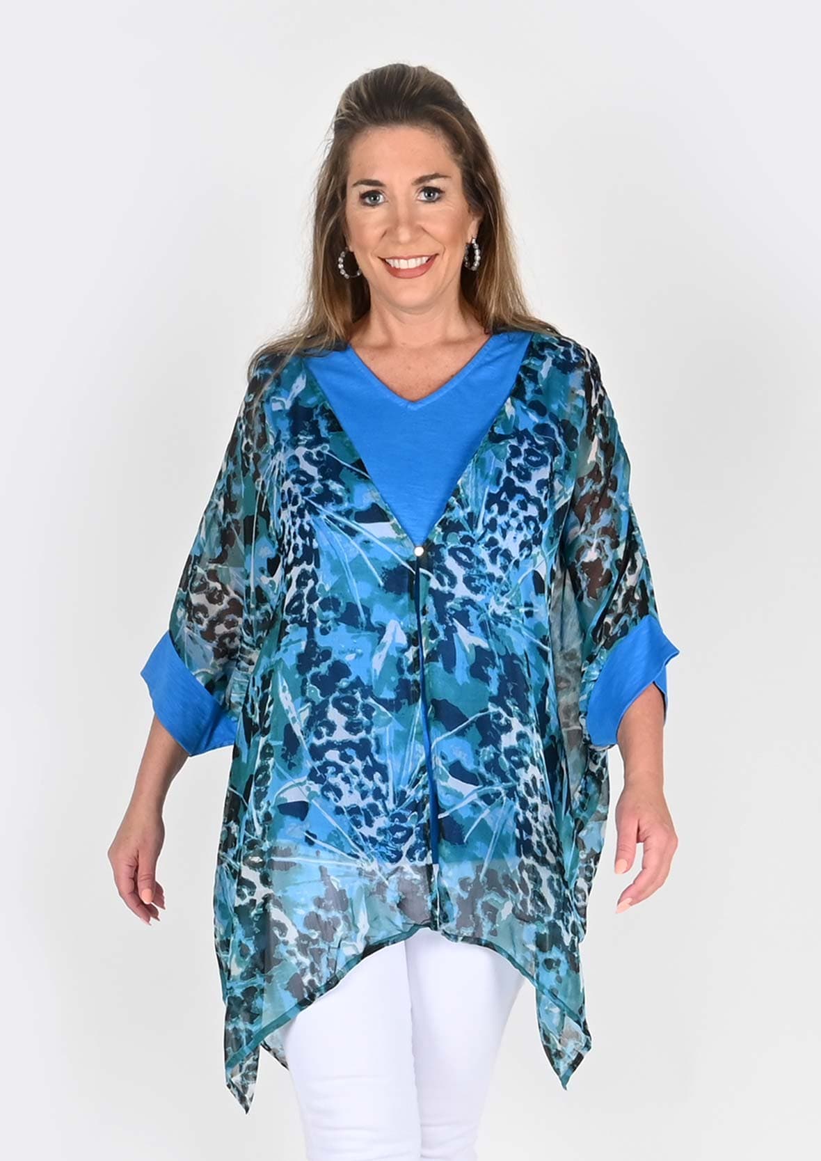 front look of layered blue kaftan top with tank tee #color_Blue Black Animal print