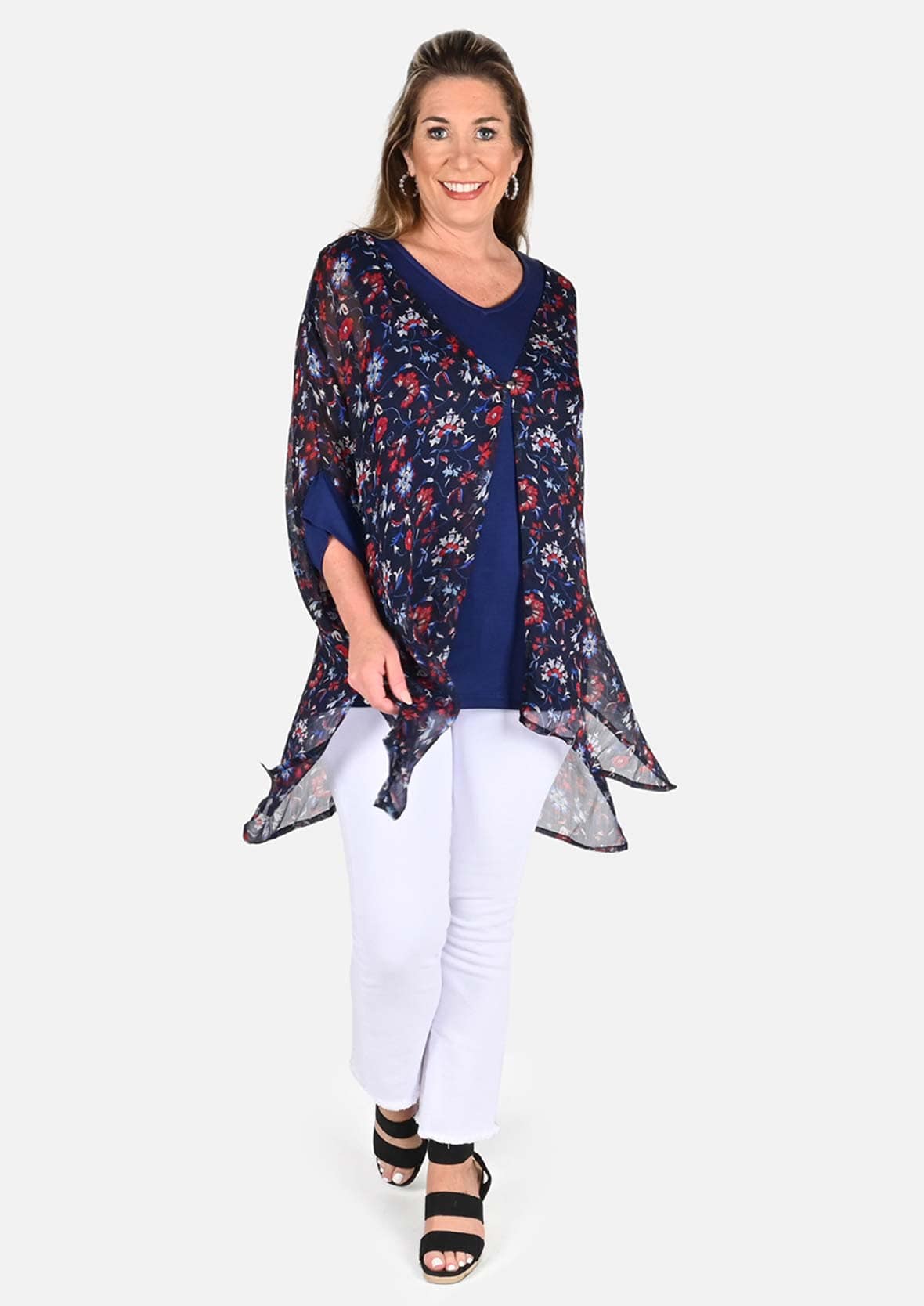 layered navy kaftan top with tank tee #color_Navy with red white floral