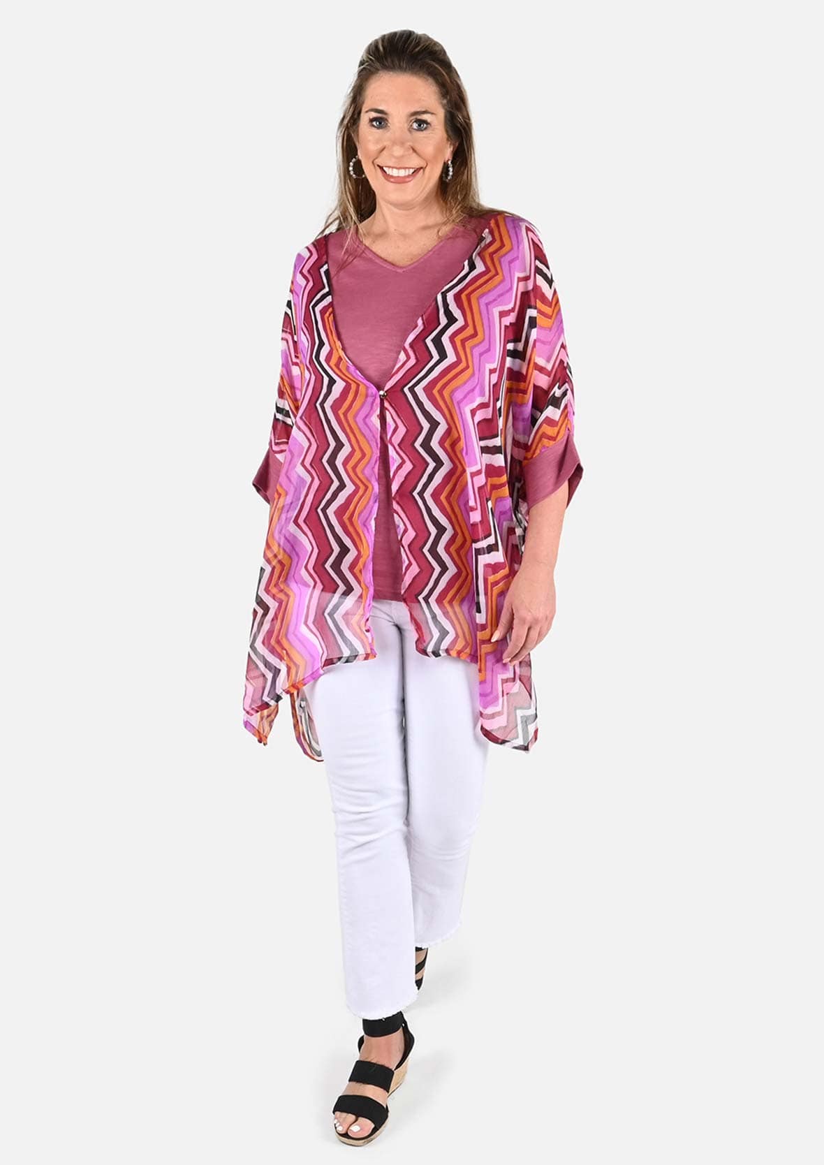 layered pink kaftan top with tank tee #color_Pink Multi stripes
