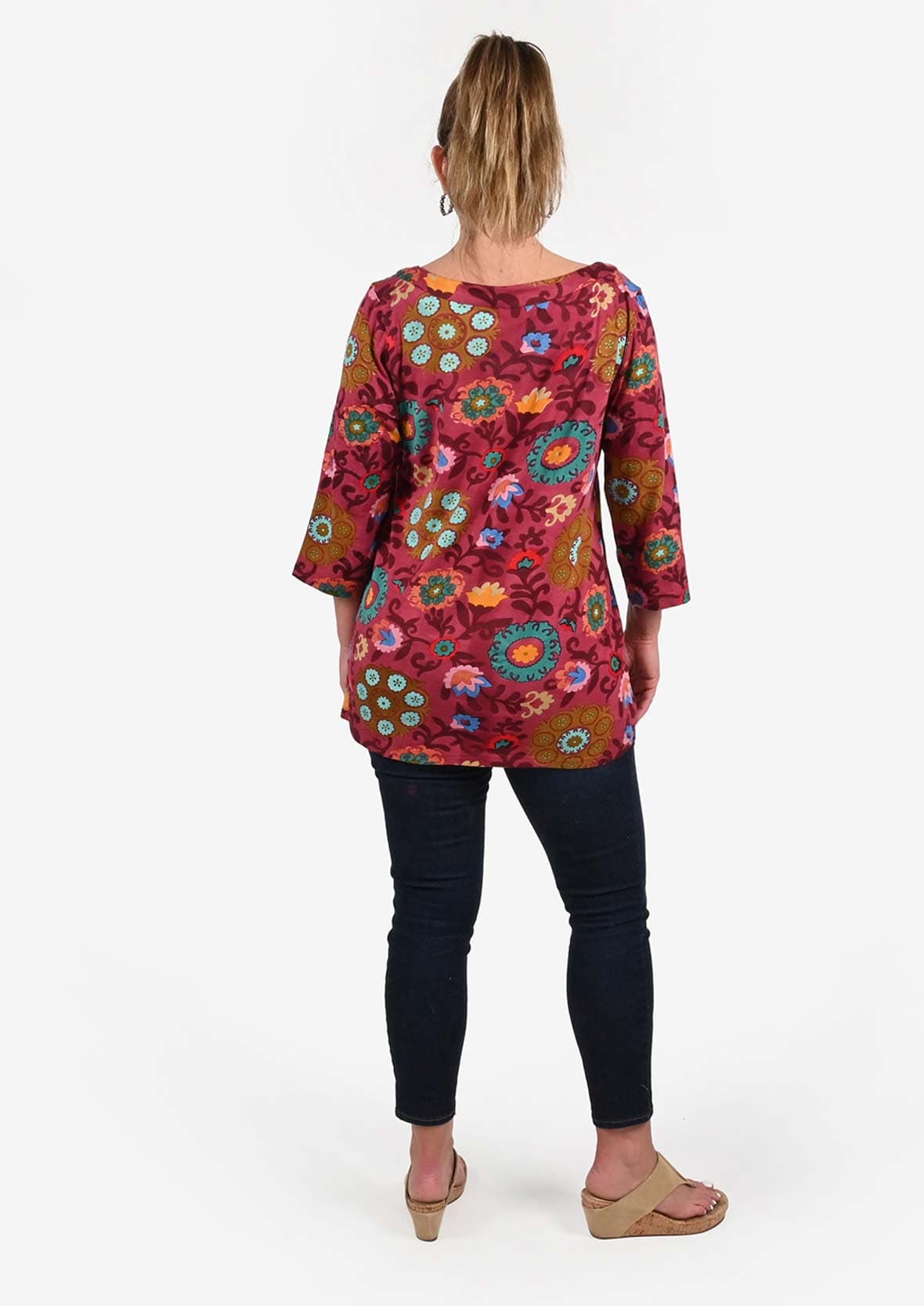 back side of classic crew neck red tunic top #color_Red Multi Floral