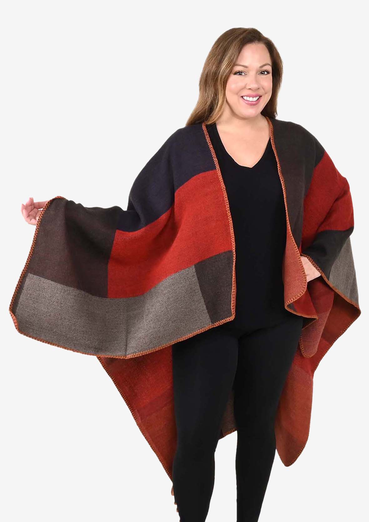 supersoft patchwork multi red poncho #color_Multi Red