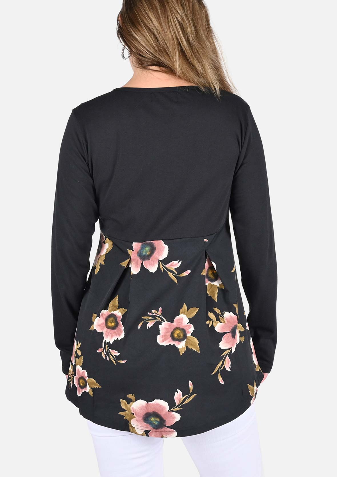 back side of pullover black top with back floral #color_Black With Pink Floral