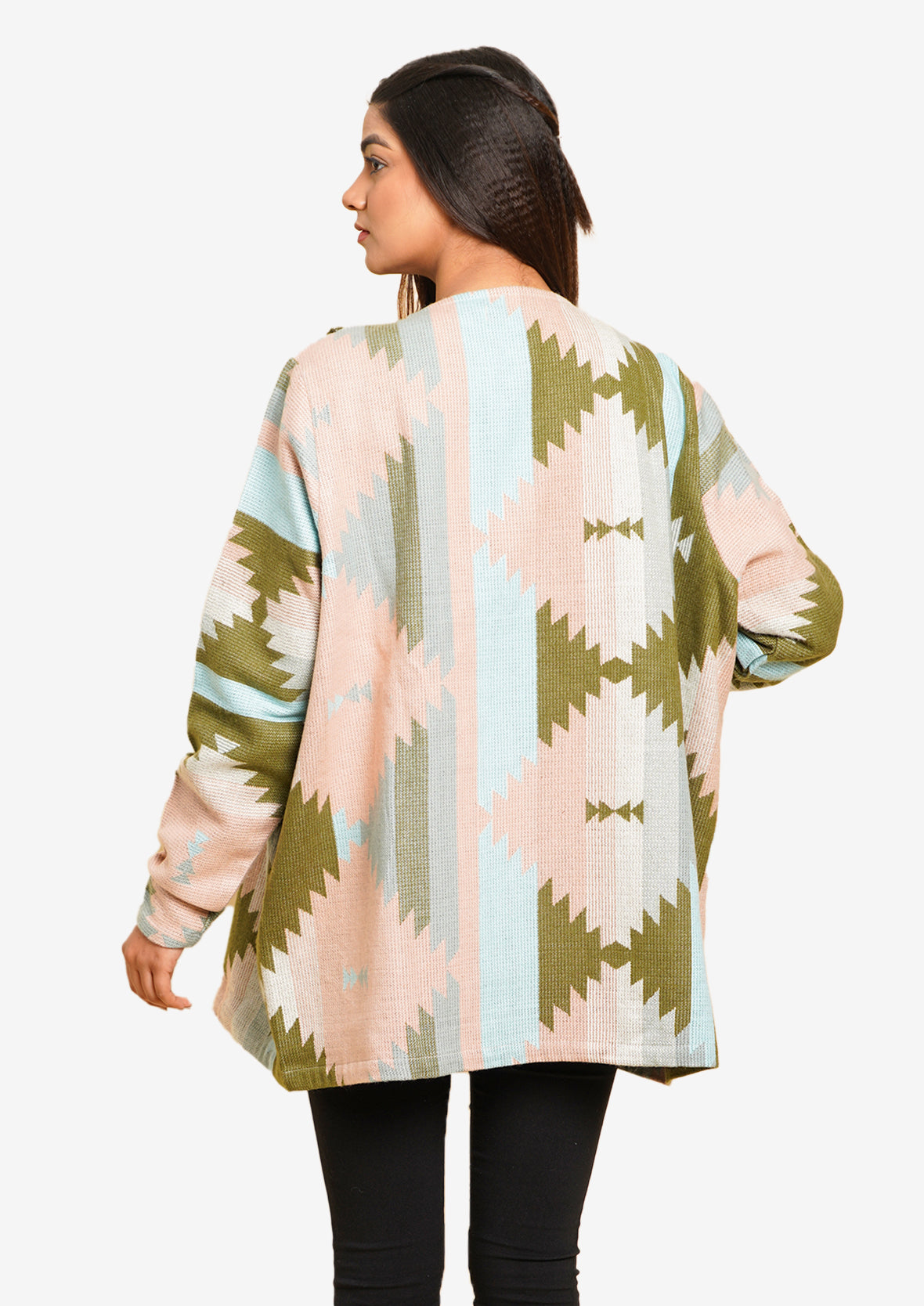 back side of abstract olive peach jacquard jacket with pockets #color_olive peach abstract