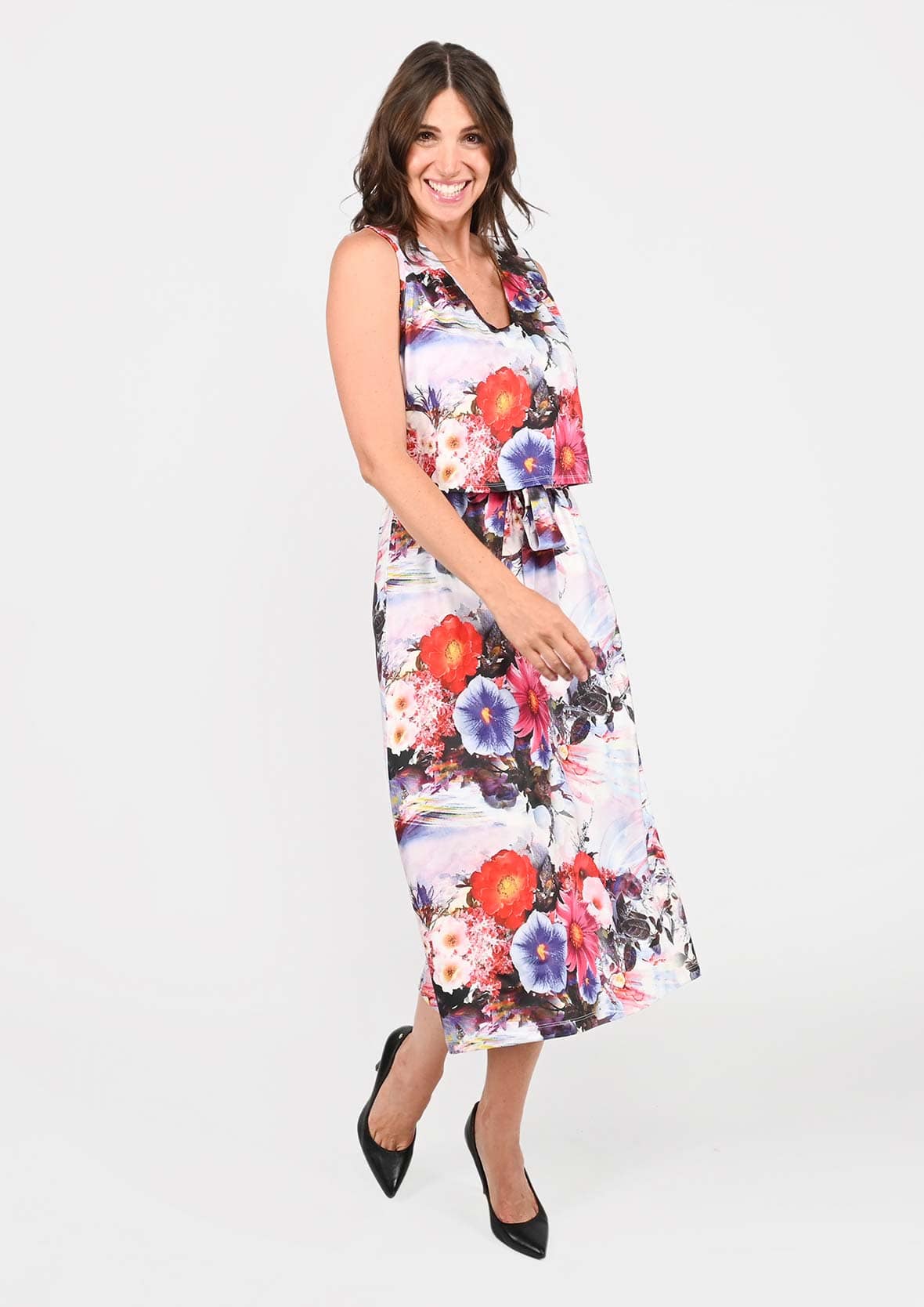 floral white midi dress with waist tie #color_White Multi Floral