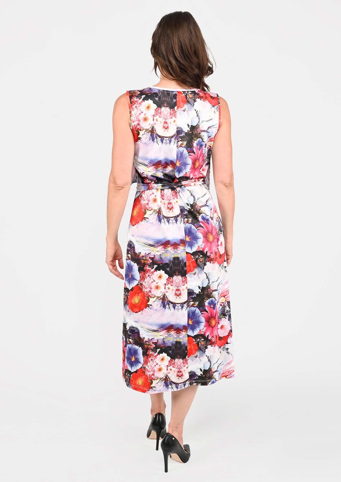 back side of floral white midi dress with waist tie #color_White Multi Floral