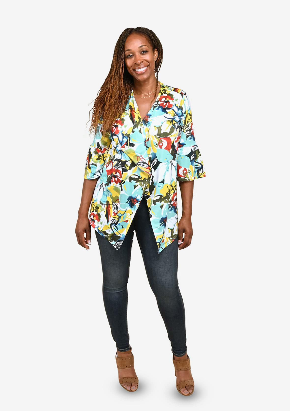 tropical floral drape cyan jacket #color_Cyan with Yellow & Red