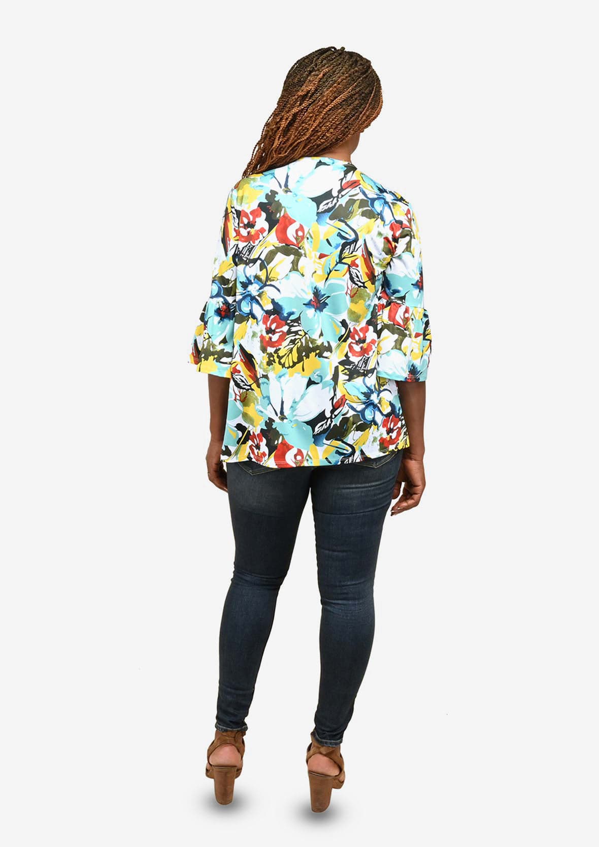 back side of tropical floral drape cyan jacket #color_Cyan with Yellow & Red