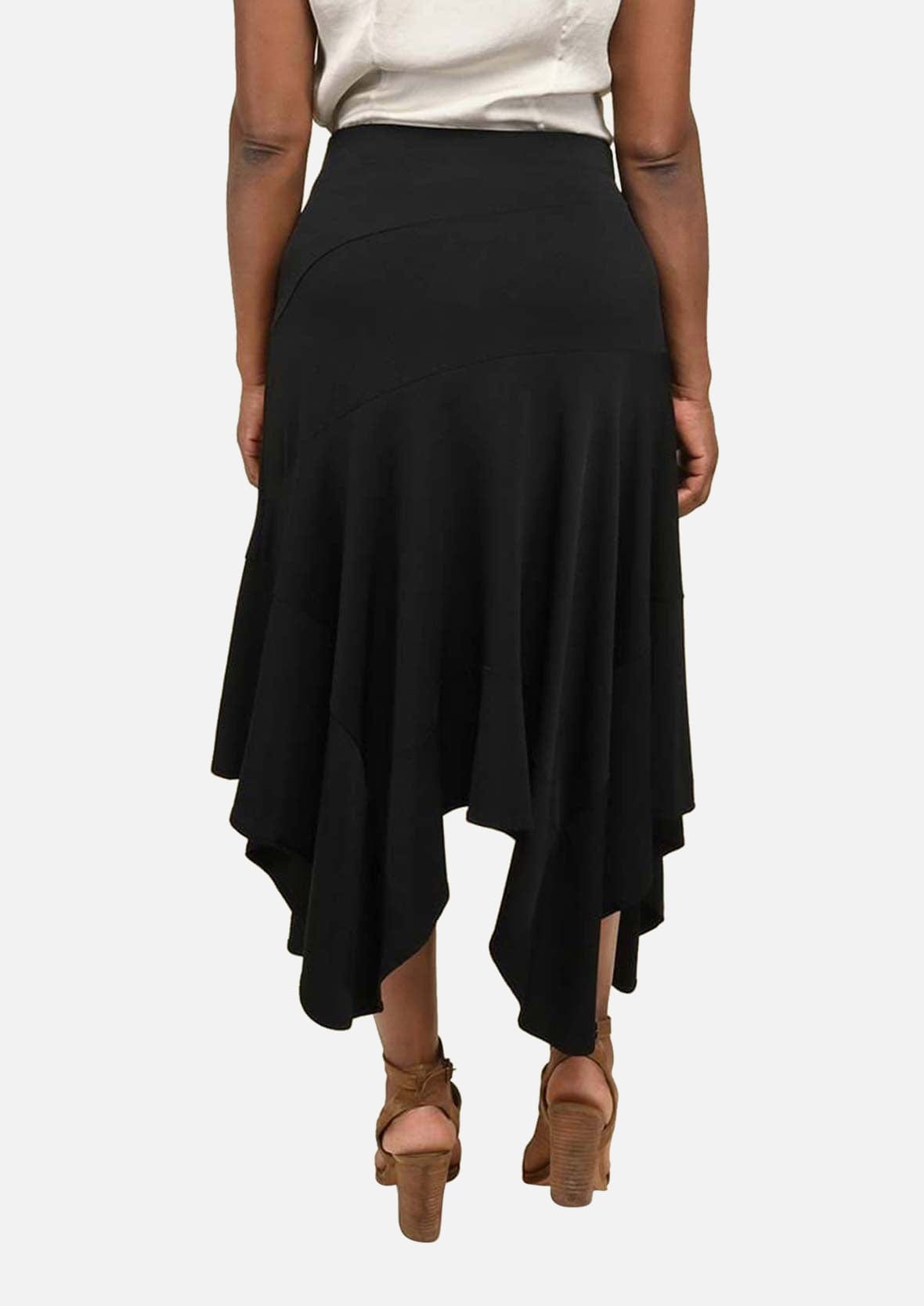 back side of asymmetrical ruffle black midi skirt #color_Charcoal Black