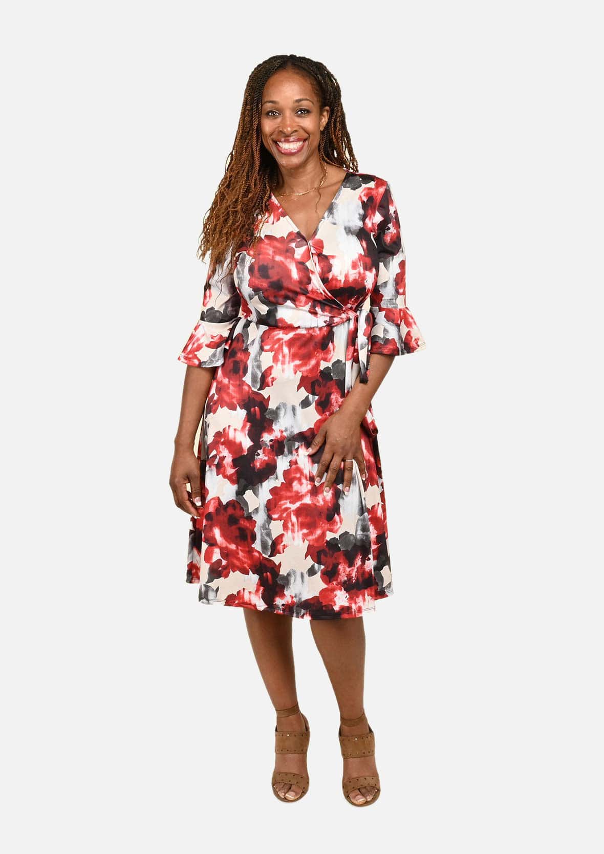 tropical floral wrap navy dress #color_Navy Blue with White & Red