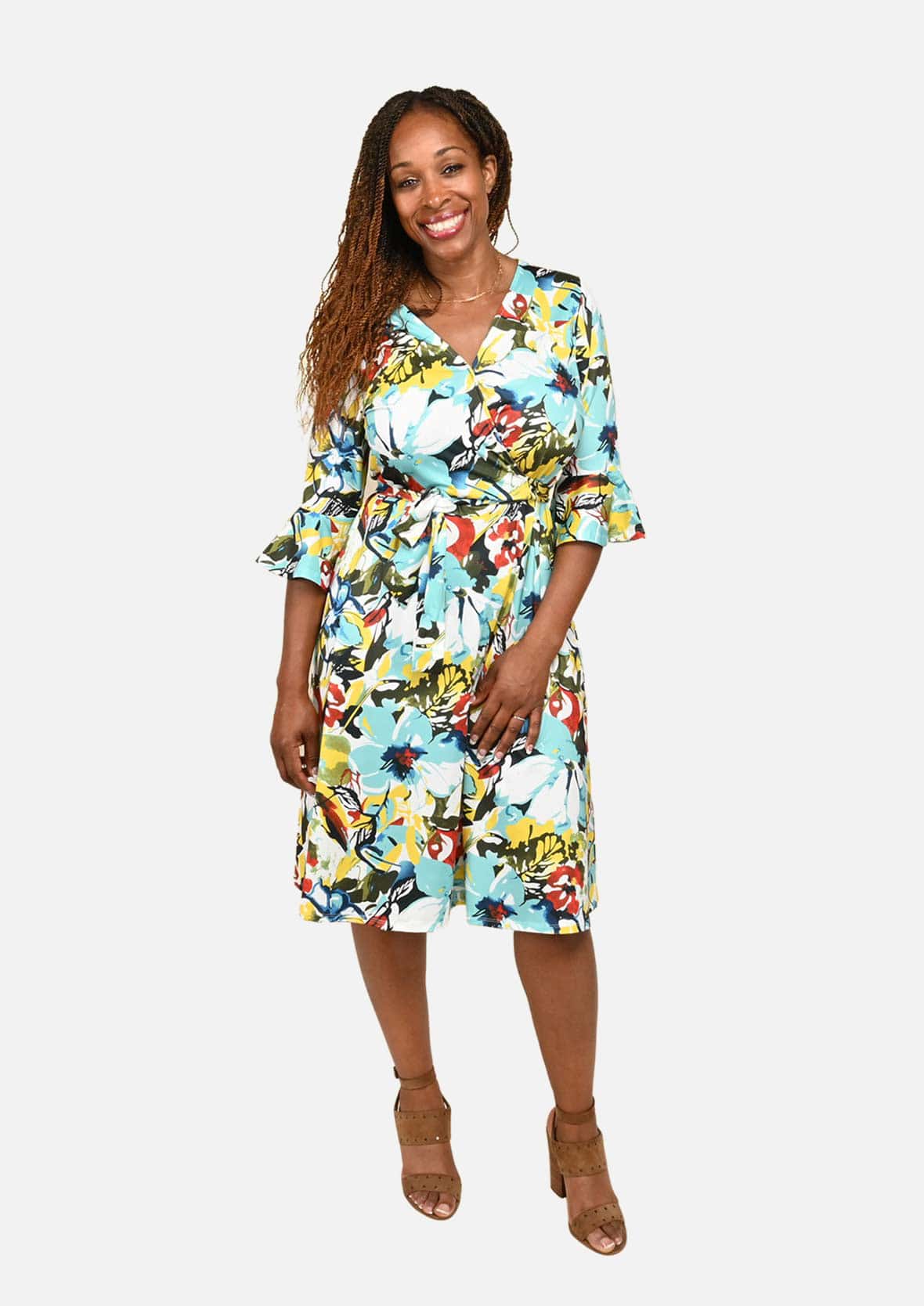 tropical floral wrap turquoise dress #color_Turquoise with Red & White