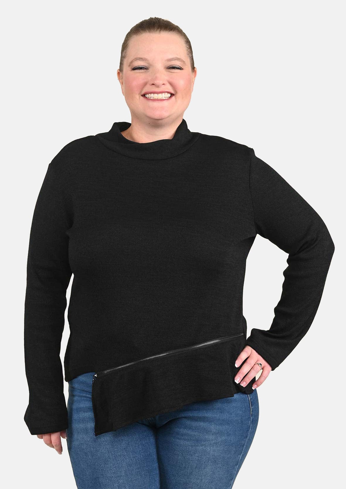 turtleneck black sweater with asymmetrical hem #color_Soot Black