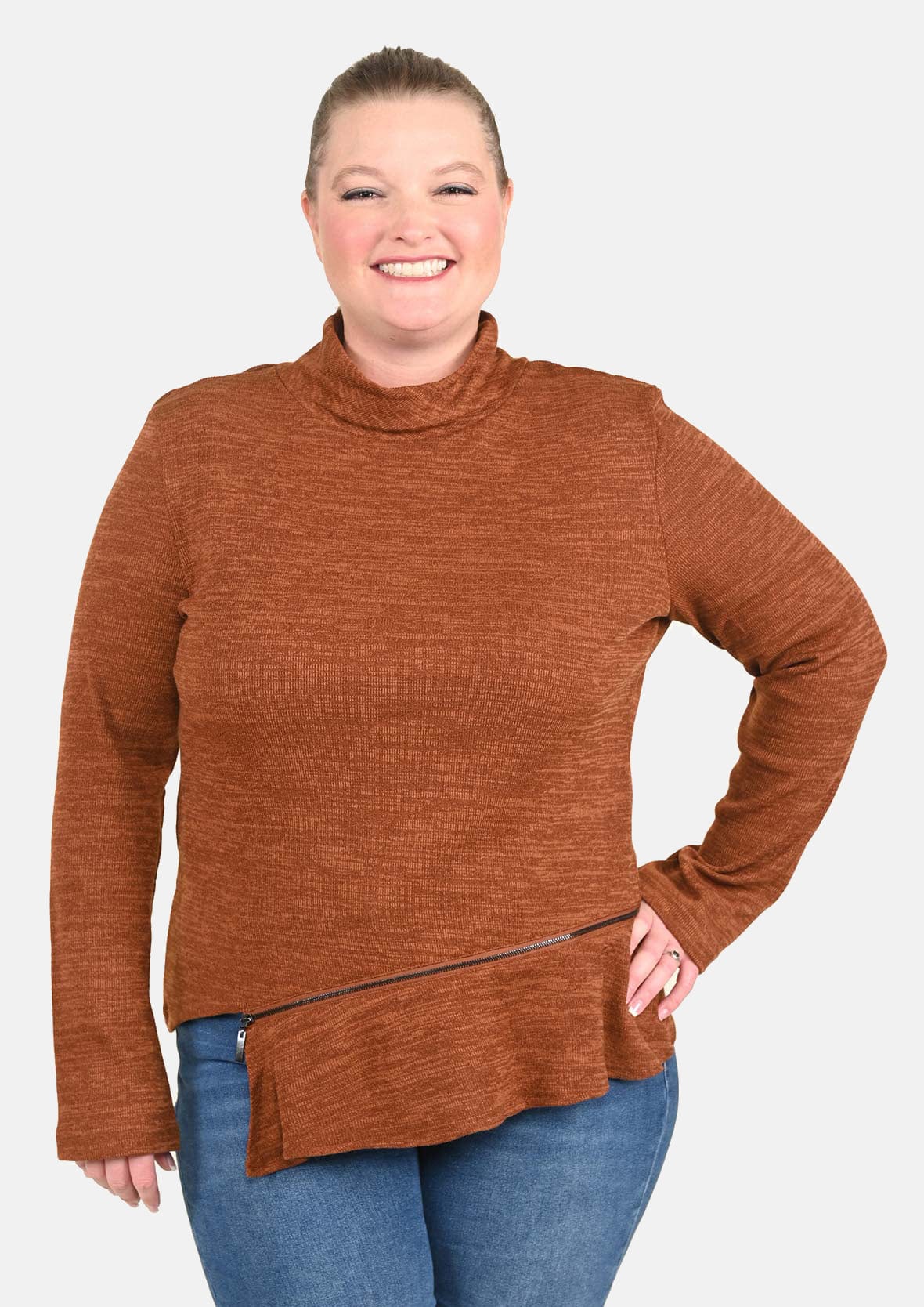 turtleneck bronze sweater with asymmetrical hem #color_Bronze
