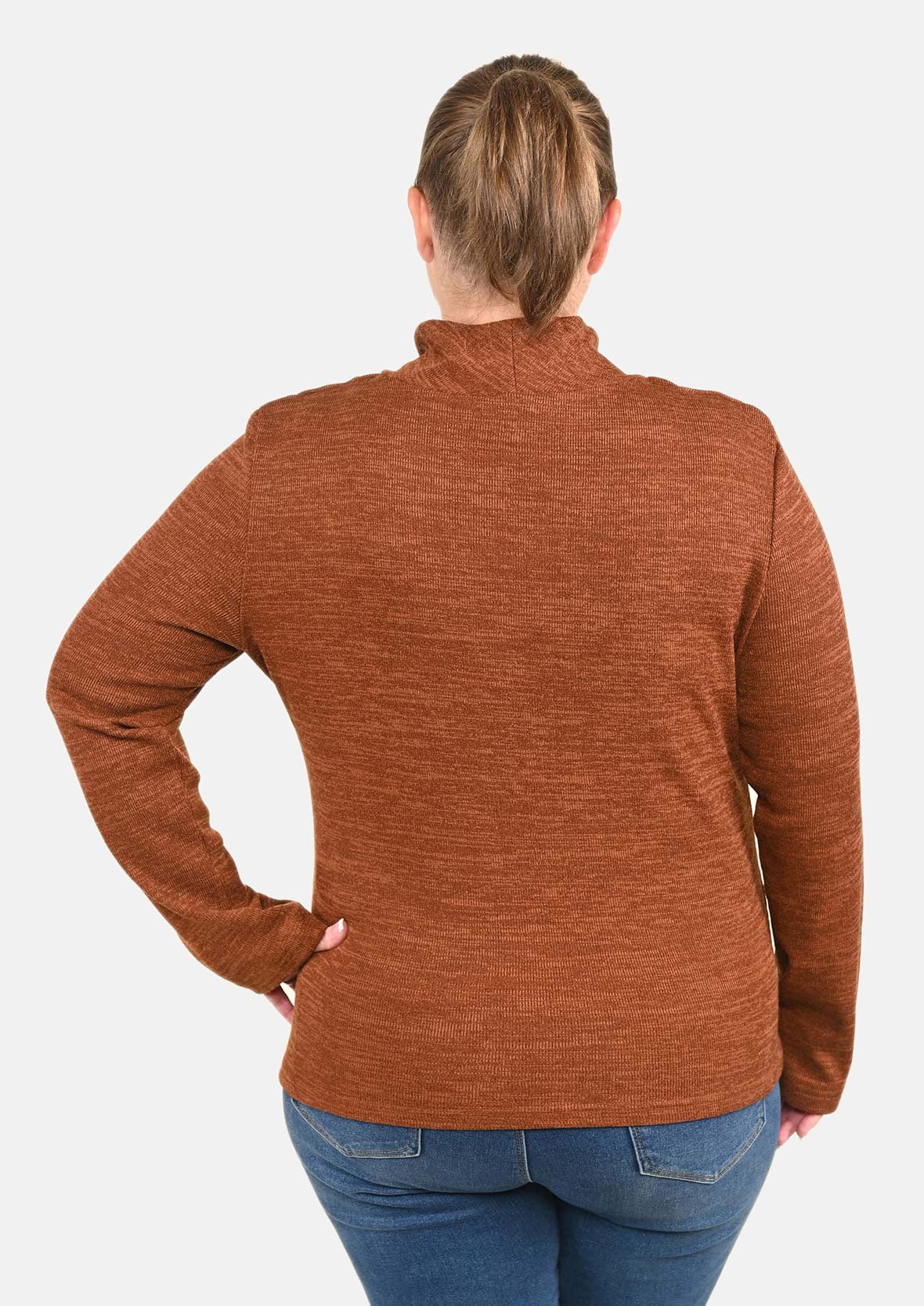 back side of turtleneck bronze sweater with asymmetrical hem #color_Bronze