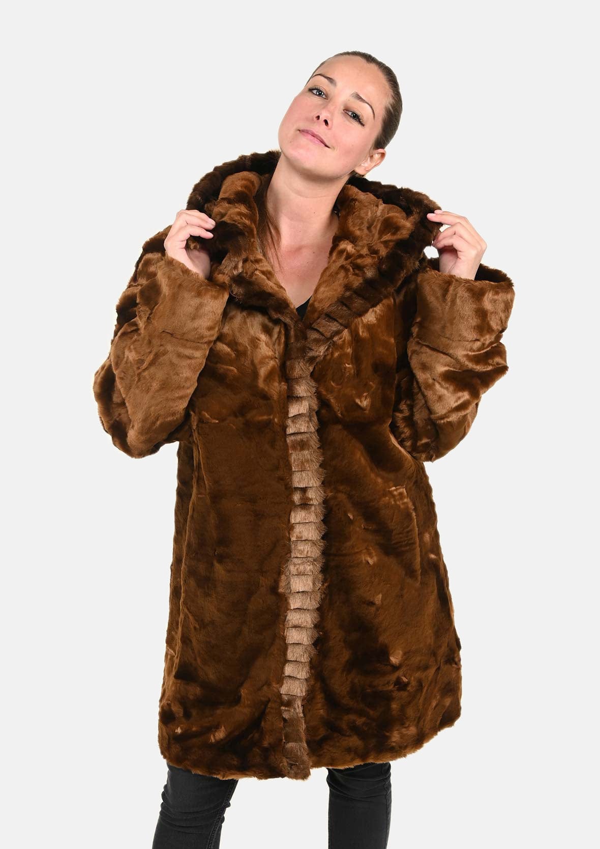 hooded faux fur brown coat with front trim #color_brown fur