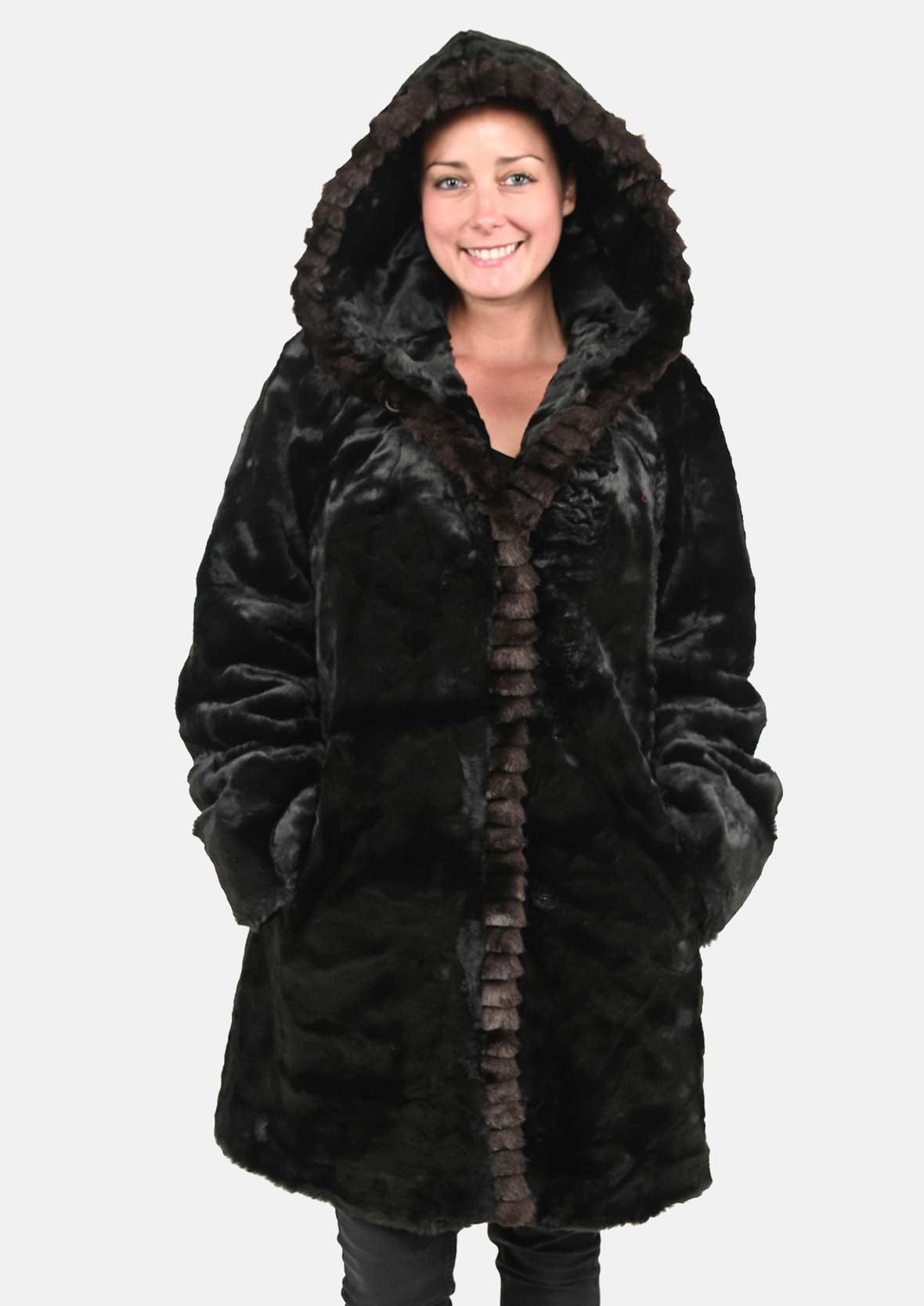 hooded faux fur black coat with front trim #color_black fur
