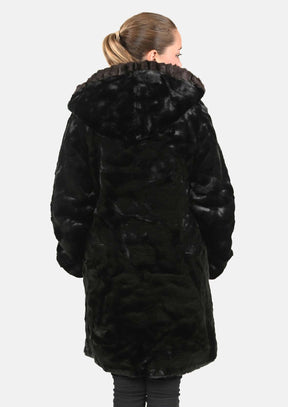Hooded Faux Fur Coat With Front Trim