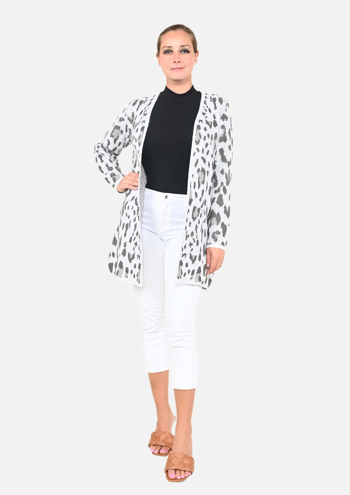 open front gray cardigan with pocket #color_Gray White Cheetah