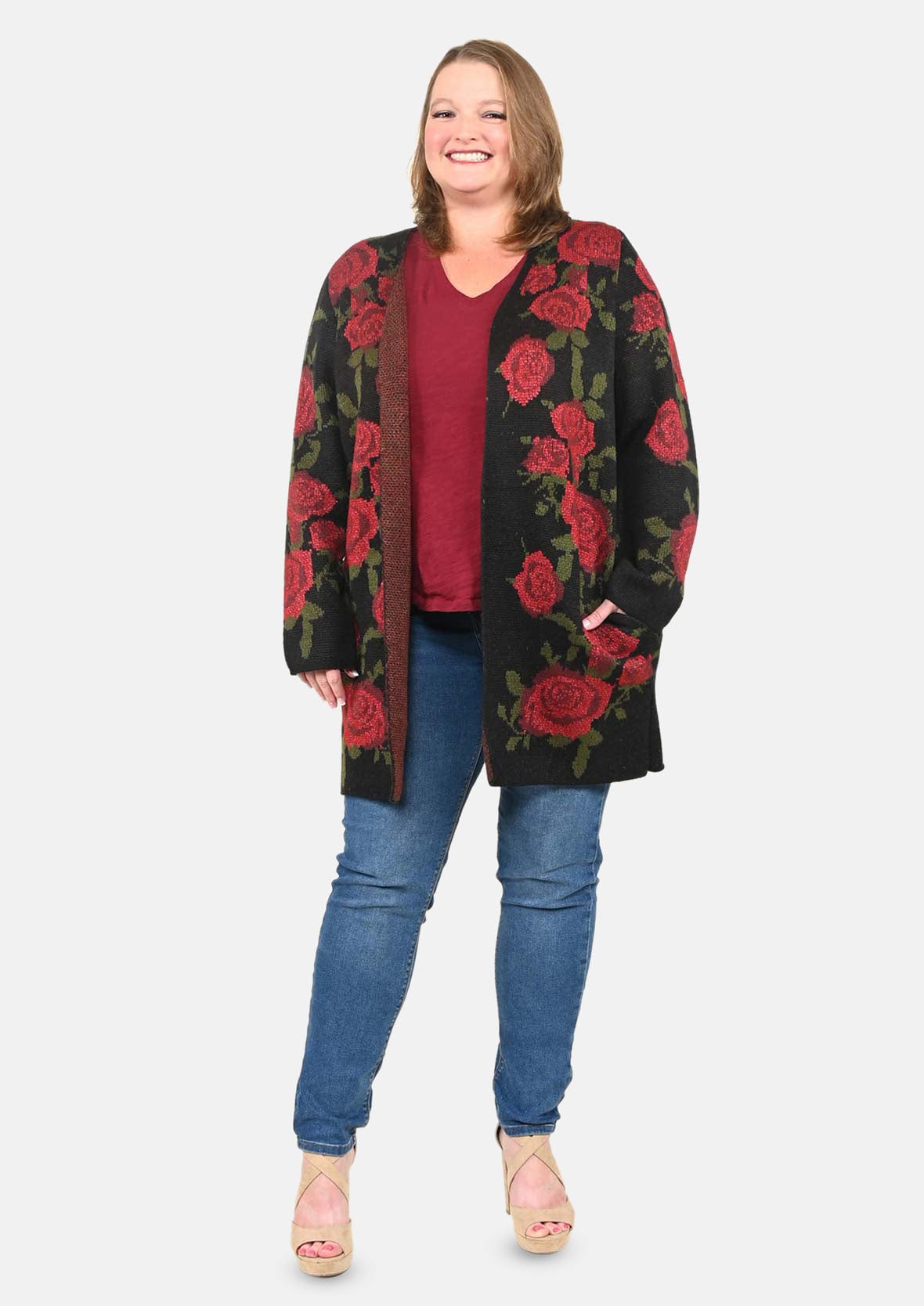 open front red cardigan with pocket #color_Red Rose