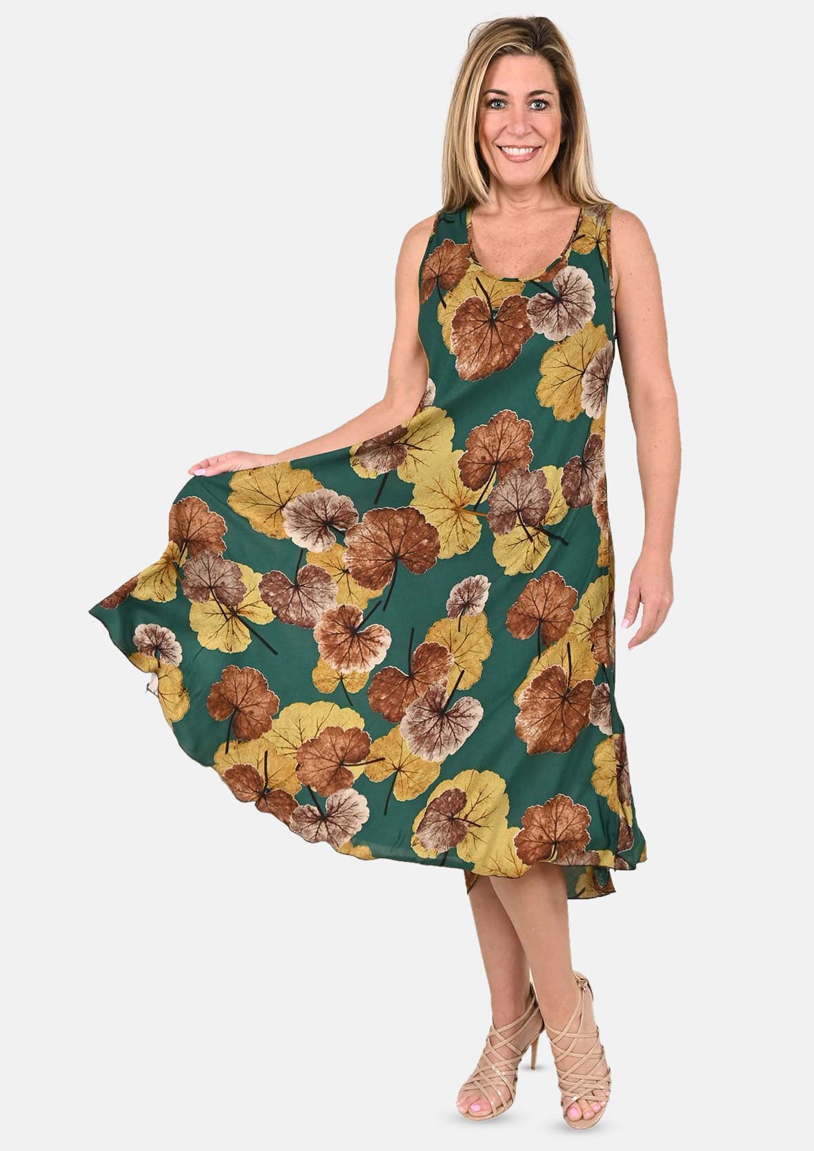 lady wearing leaf print green umbrella dress #color_Dark Green and Yellow
