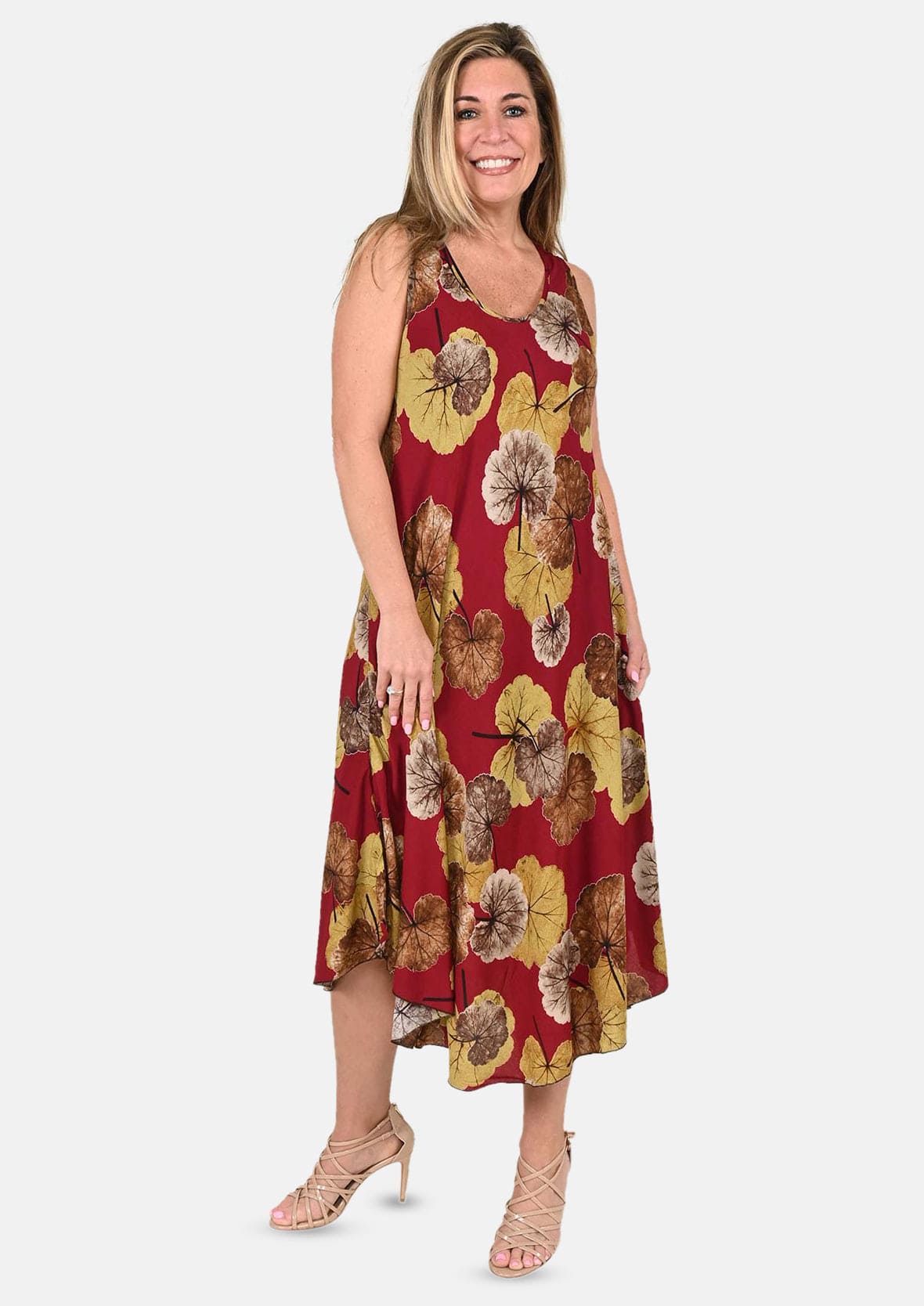 lady wearing leaf print red umbrella dress #color_Ruby Red and Yellow