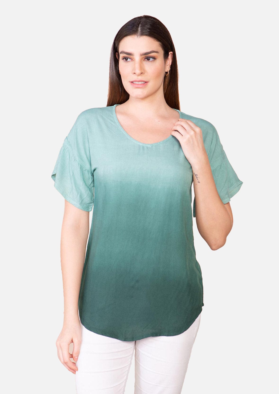 round neck ombre green top #color_Green Ombre